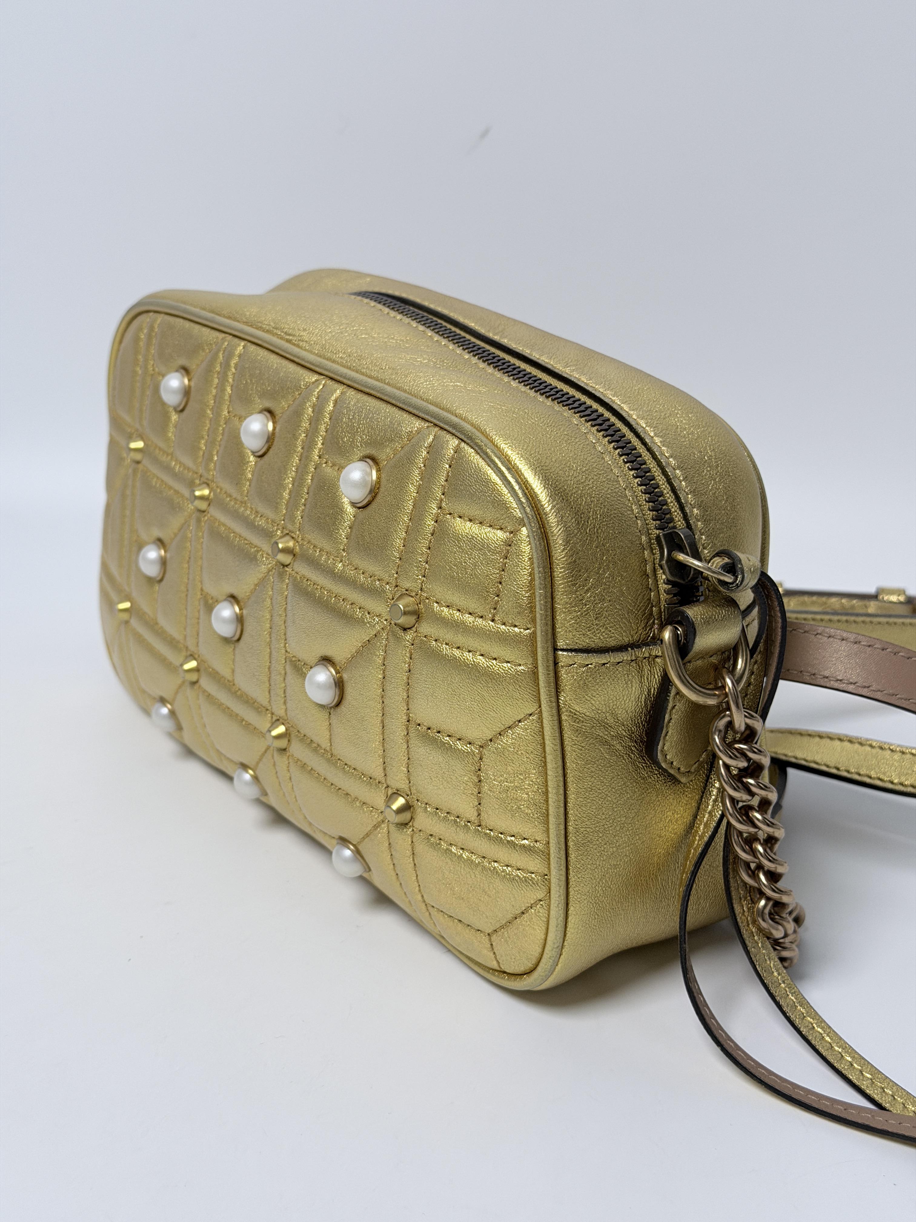 GG Authentic Metallic Gold Matelassé Pearl Studded GG Marmont Camera Bag JD317GG