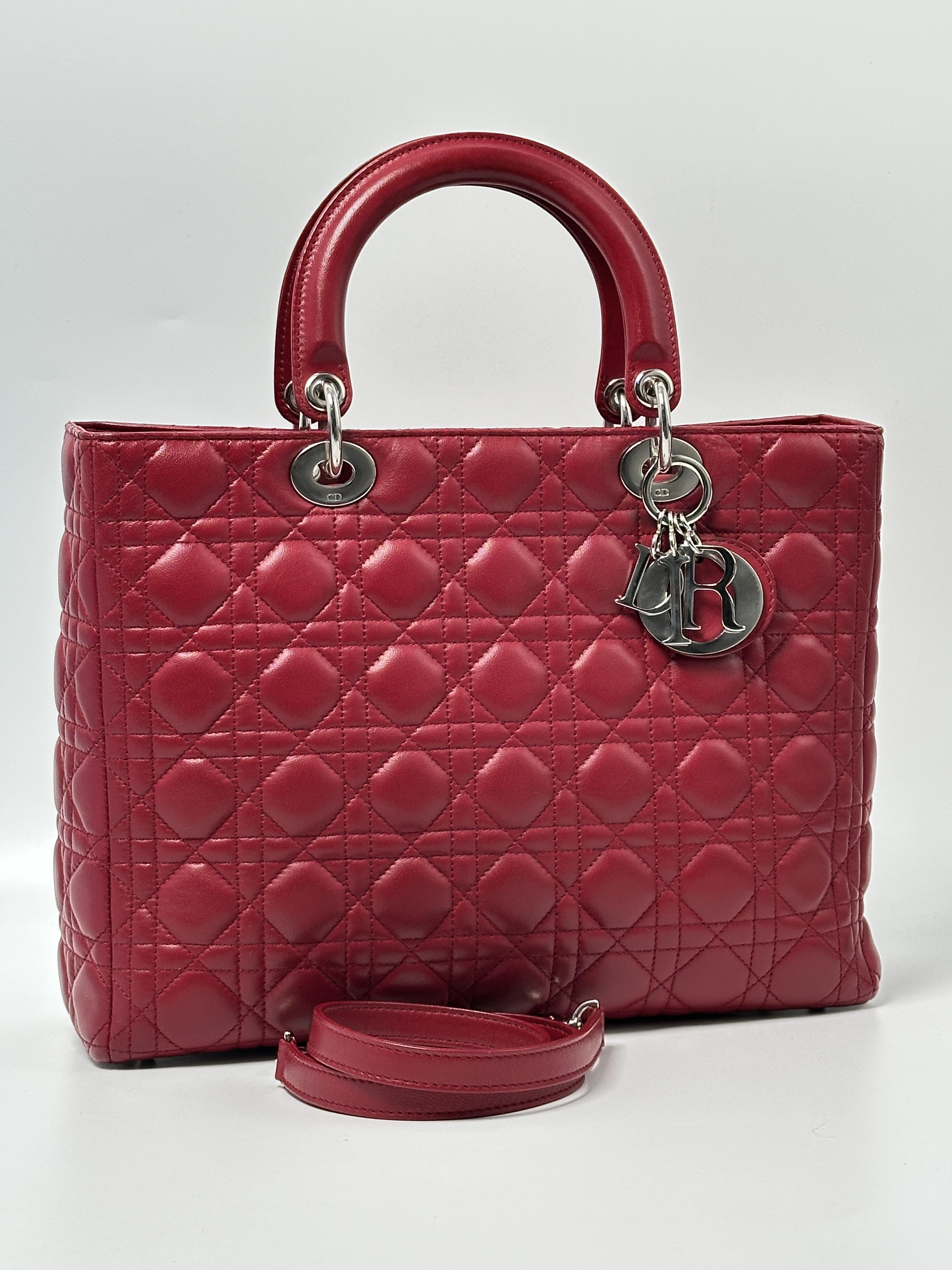 Pre-owned Dior LEATHER Shoulder Bags Christian Red Cannage Lady Top Handle Bag JD940DR