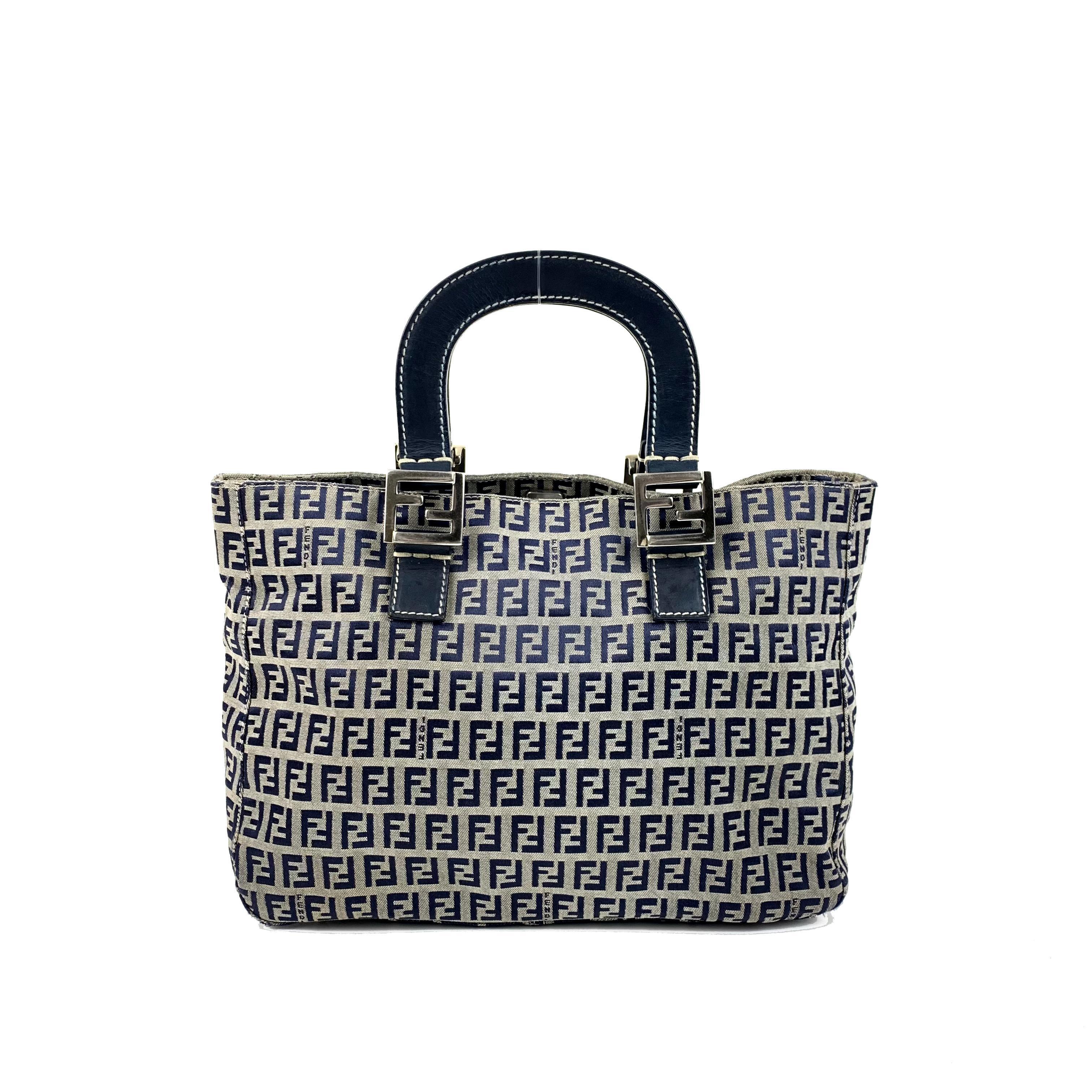 Pre-owned FENDI Canvas Tote Bags Authentic Fendi Classic Navy Blue Vintage Pattern Handheld Tote Bag SH232