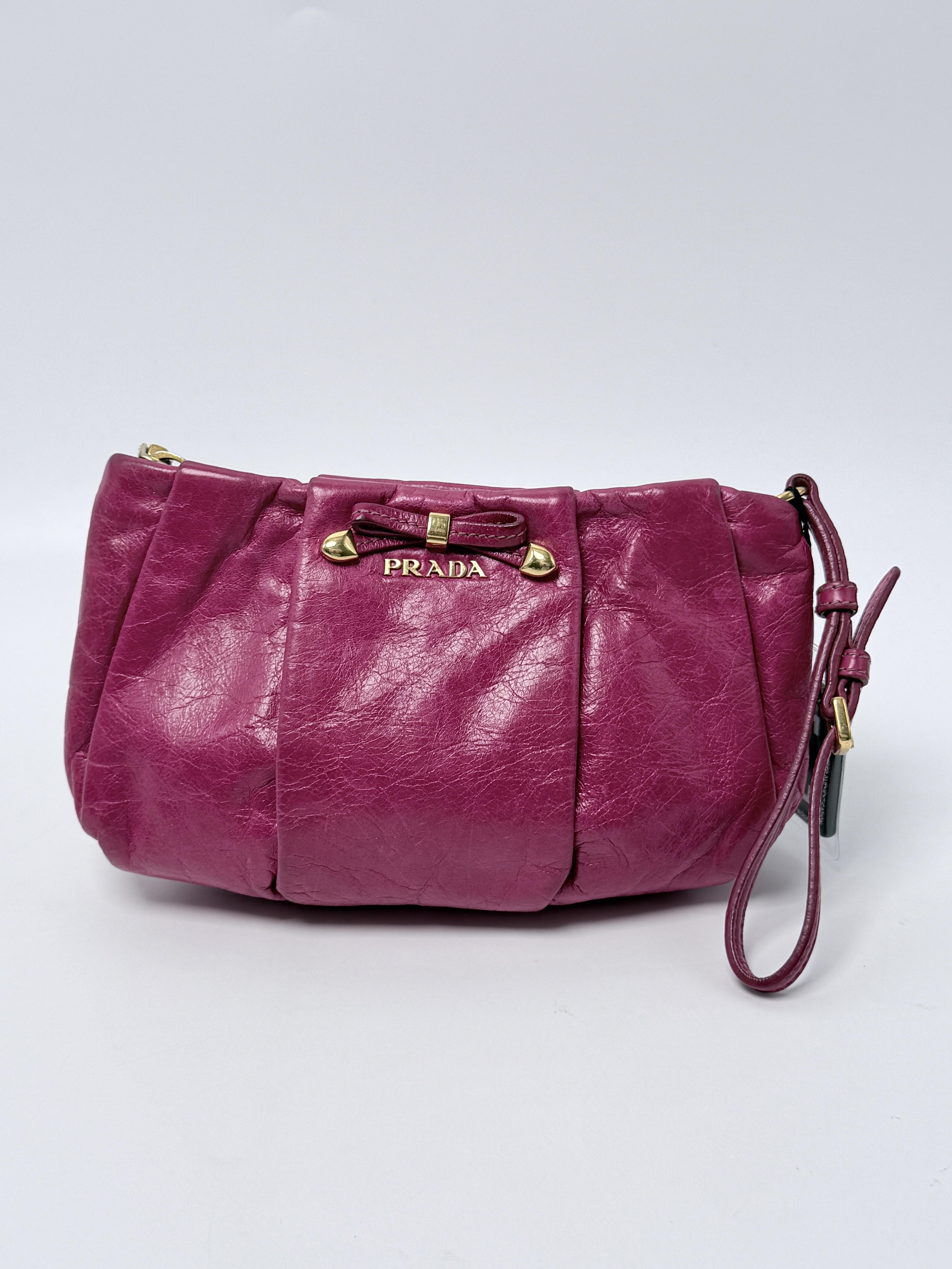 Peonia Fuchsia Pink Vitello Shine Pleated Bow Wristlet Clutch Bag JD1658PR