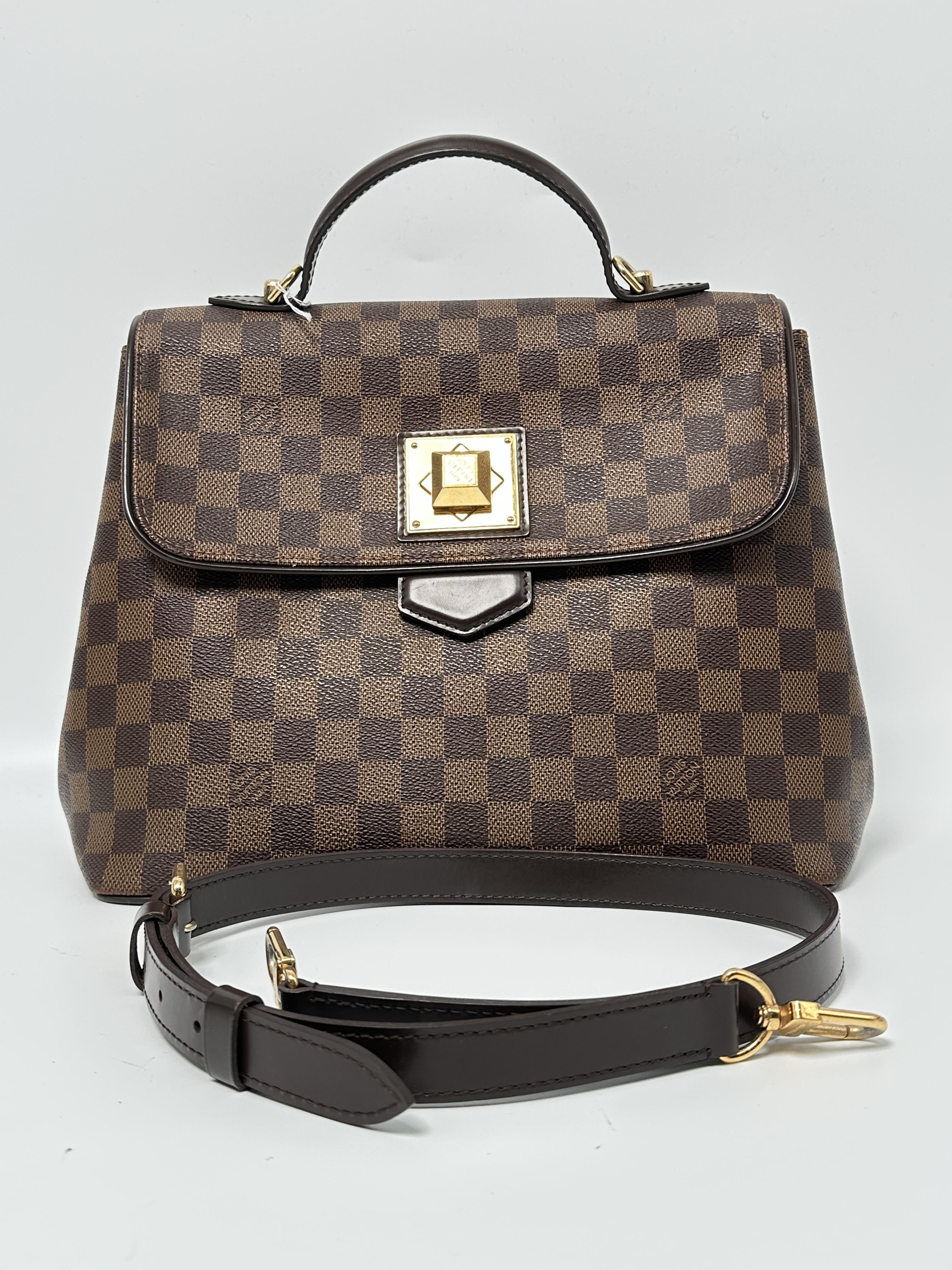 Pre-owned Louis Vuitton canvas and leather Shoulder Bags Bergamo MM Damier Ebene Shoulder Bag Handle Handbag Brown Canvas JE377LV