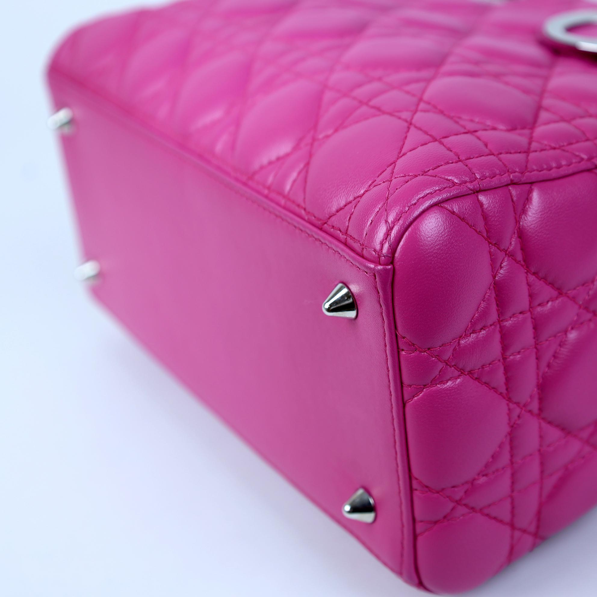Pre-owned Dior leather Tote Bags Lady Medium Flap Bag Rose Pink Lambskin Silver Hardware DR11 15BO1122 XH 2012 98% New Authenticated