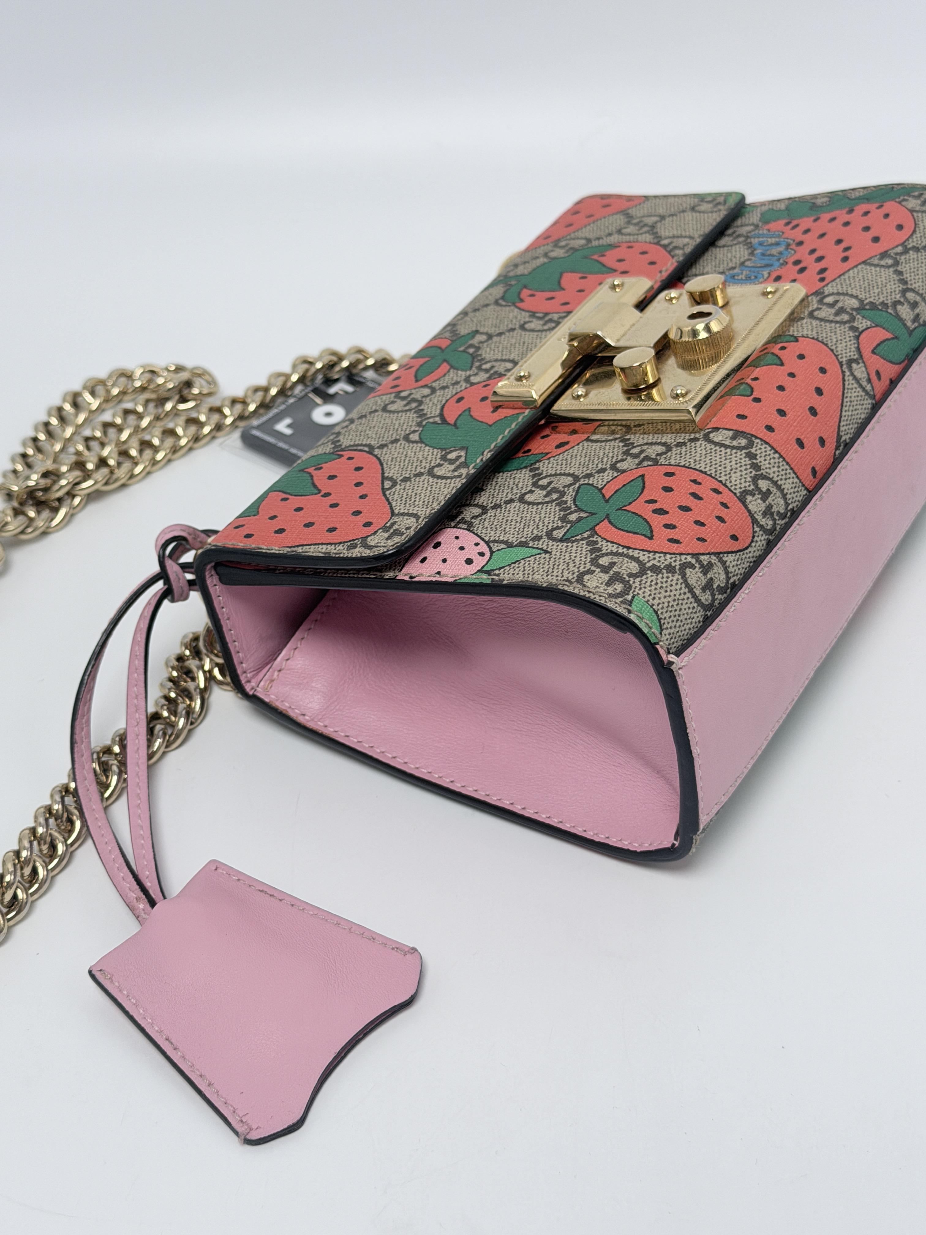 Padlock Shoulder Bag Small GG Supreme Strawberry Print Pink Leather JD1198GG