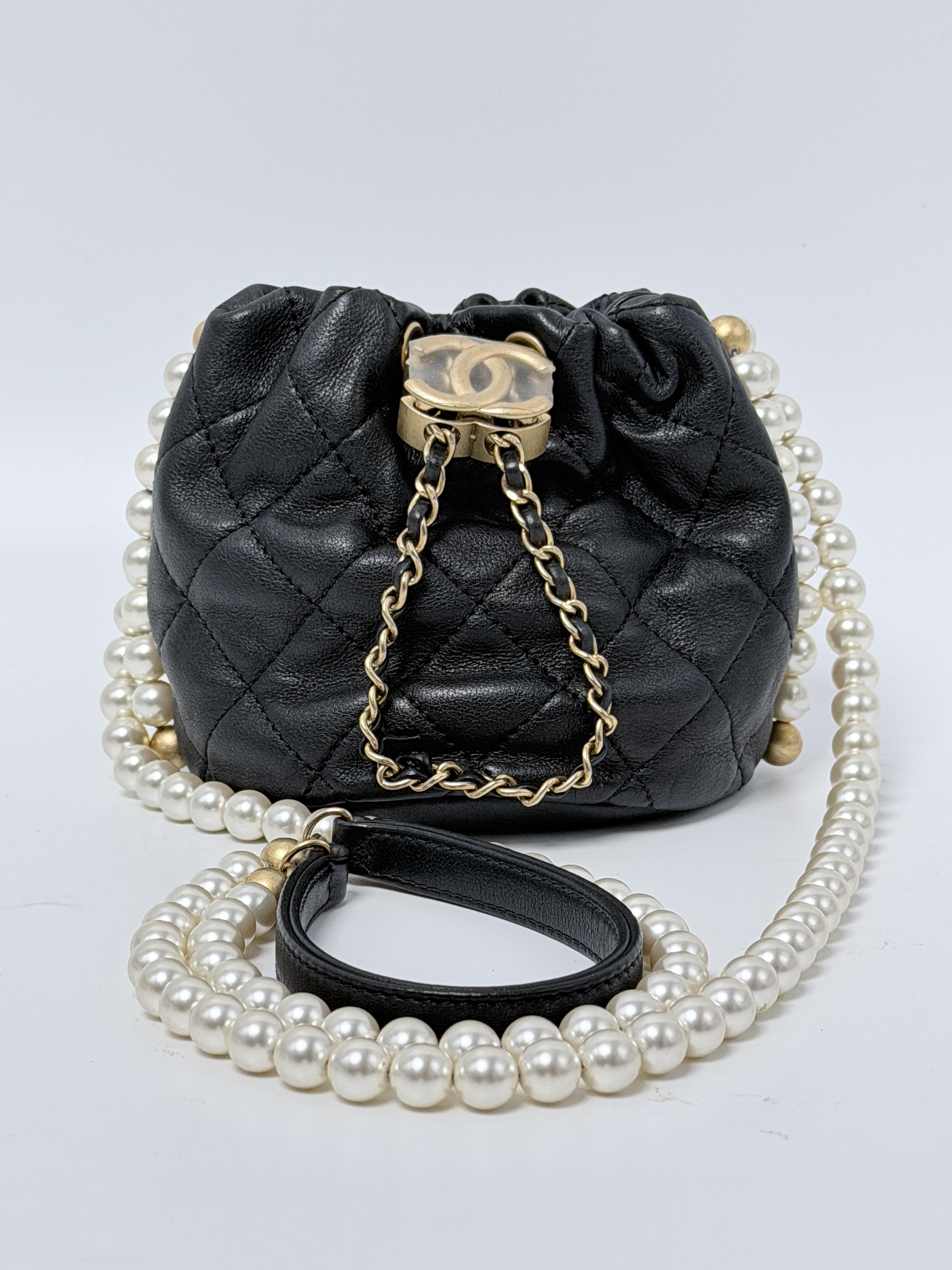 Mini About Pearls Drawstring Bucket Bag Black Crossbody Porch ZS072CC