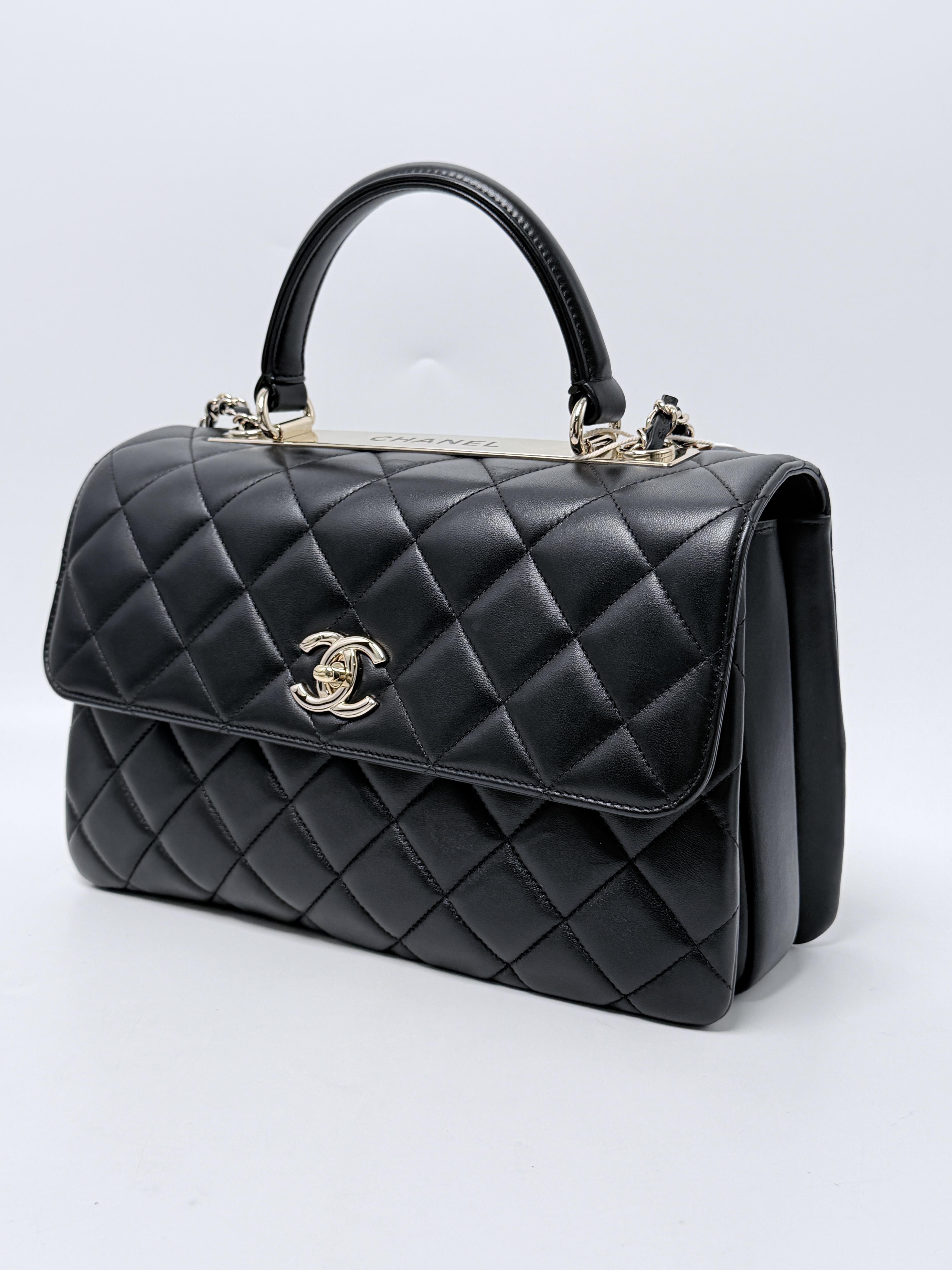 Black Quilted Trendy CC Top Handle Bag Flap Handbag Medium P059CC