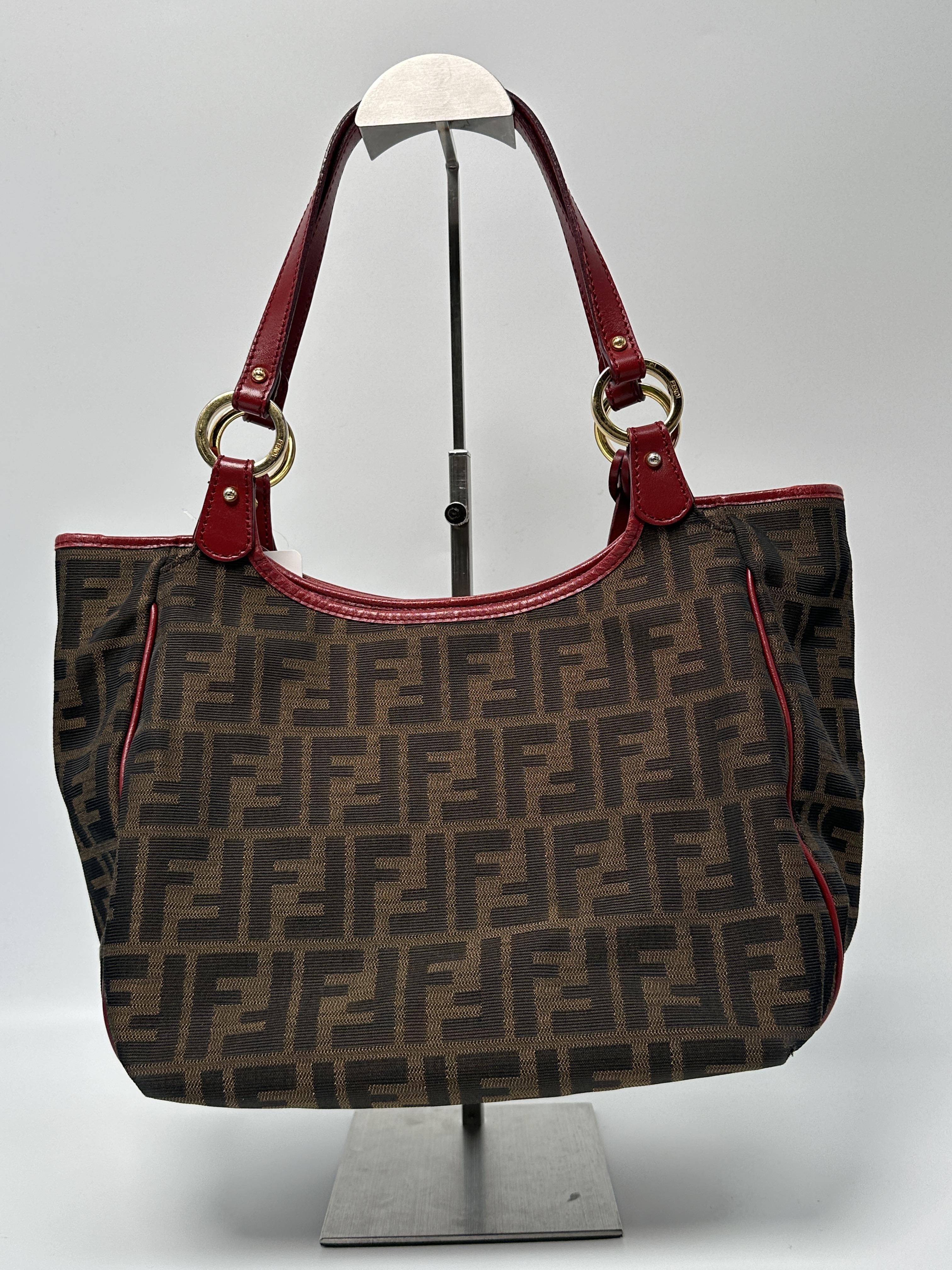 Pre-owned FENDI leather Shoulder Bags Zucca Canvas Shoulder Tote / Shoulder Bag Brown Red JA2990FD