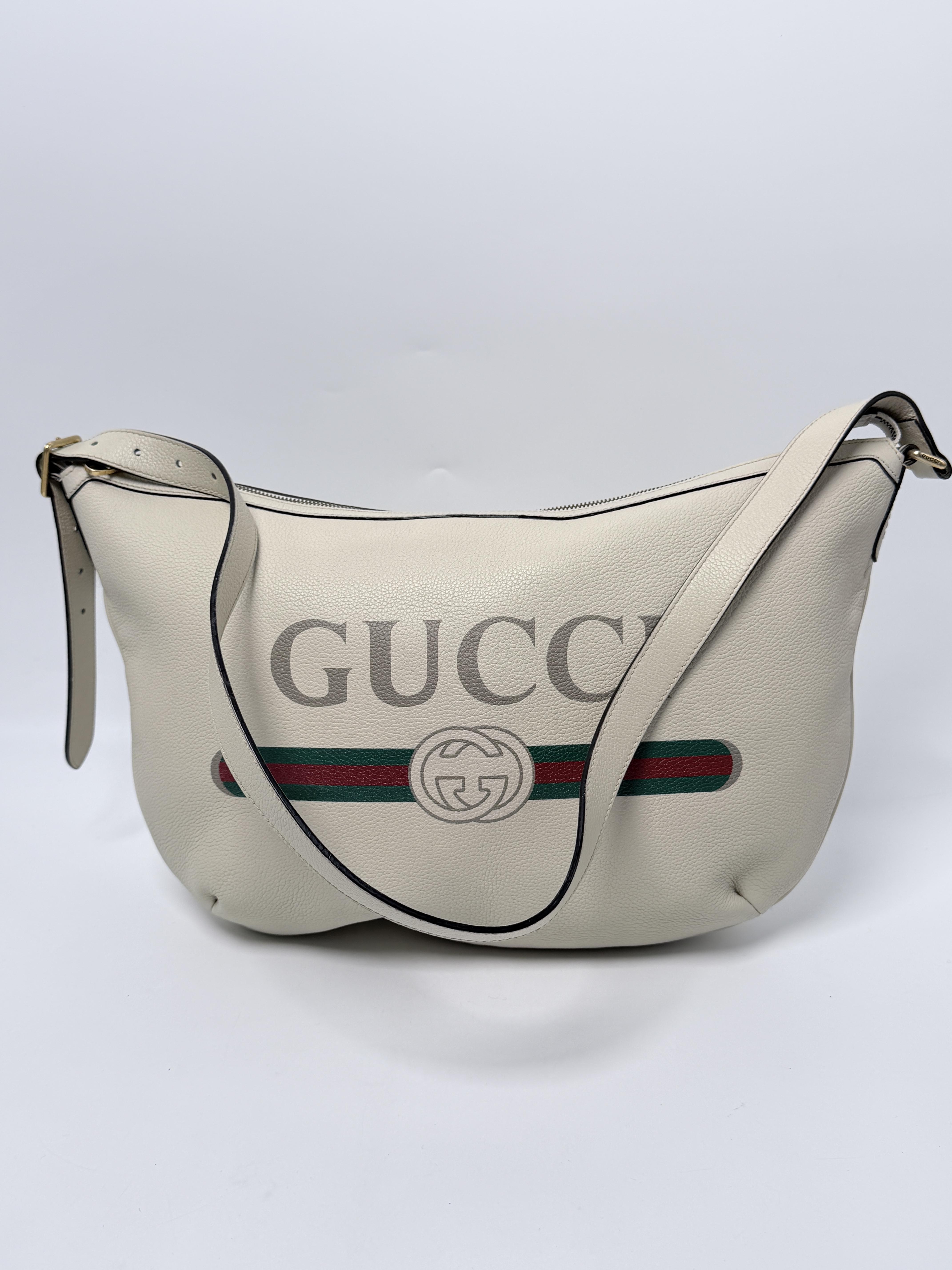 Vintage Logo Print Grained Half Moon Hobo Bag White JD1478GG