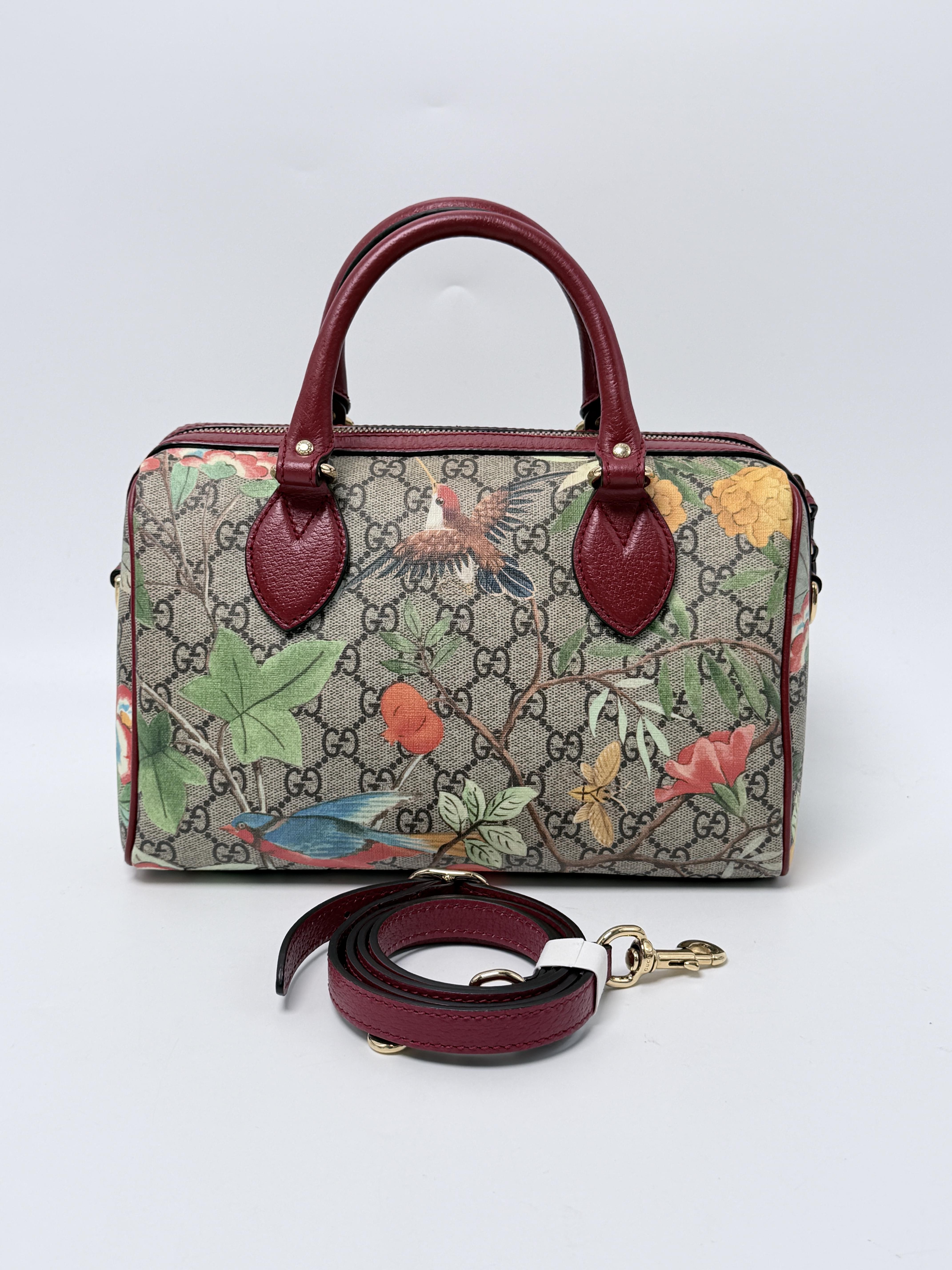 GG Supreme Tian Boston Bag Small Floral Bird Red Handle Handbag JD1591GG