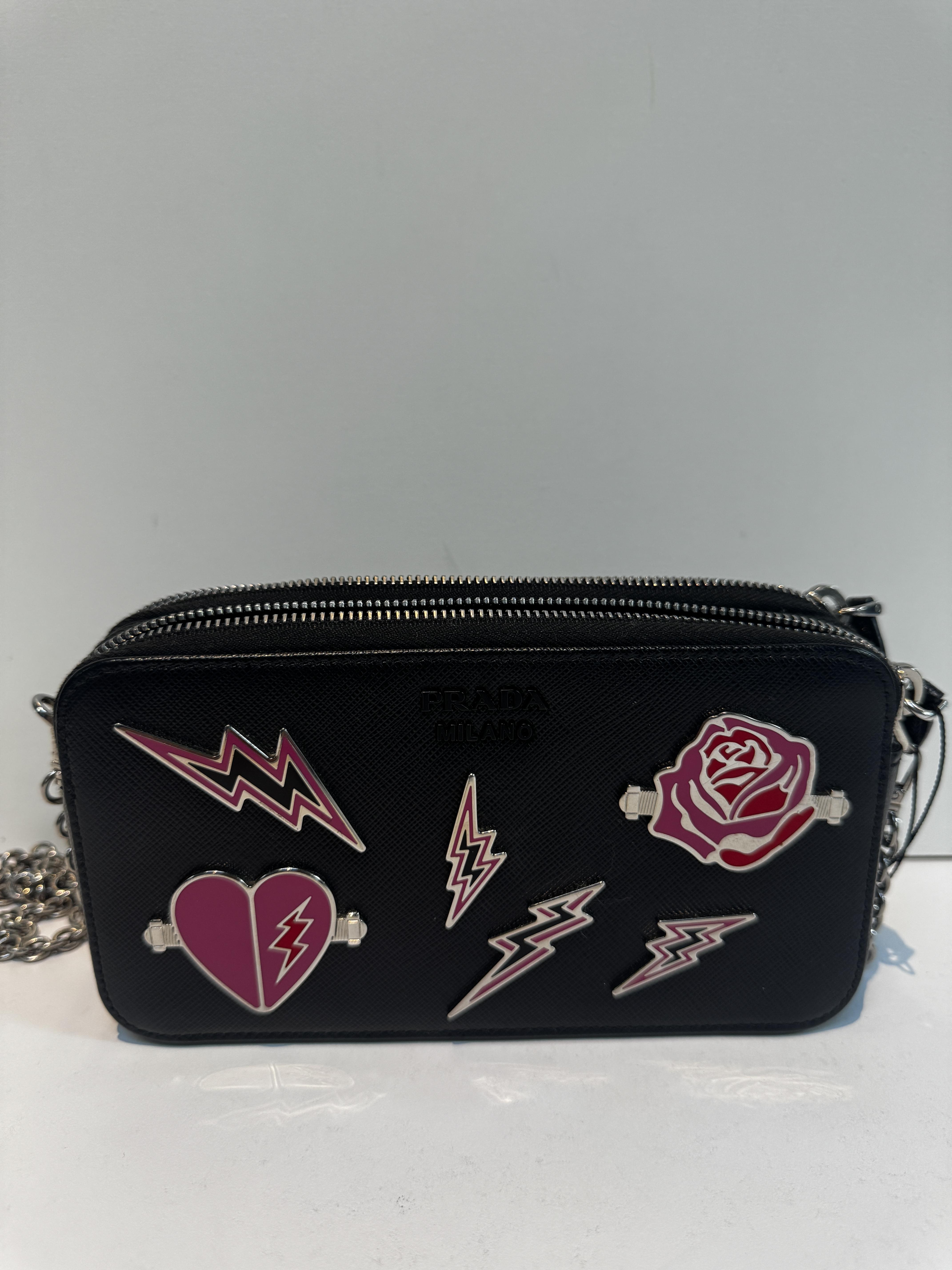 Pre-owned PRADA Leather Mini Bags Black Crossbody Bag with Pink Accents PR4JX