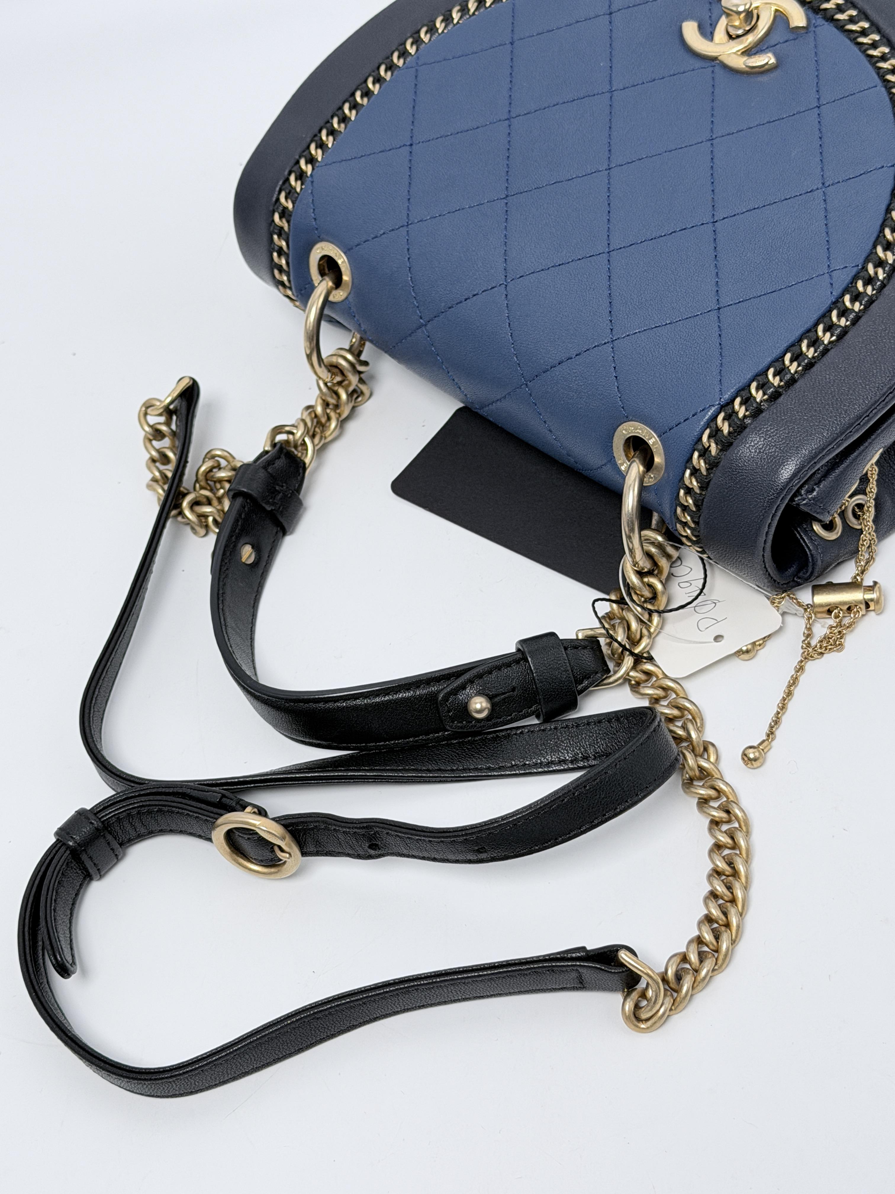 Chain Detail Small Saddle Bag Blue Lambskin Gold Hardware P049CC