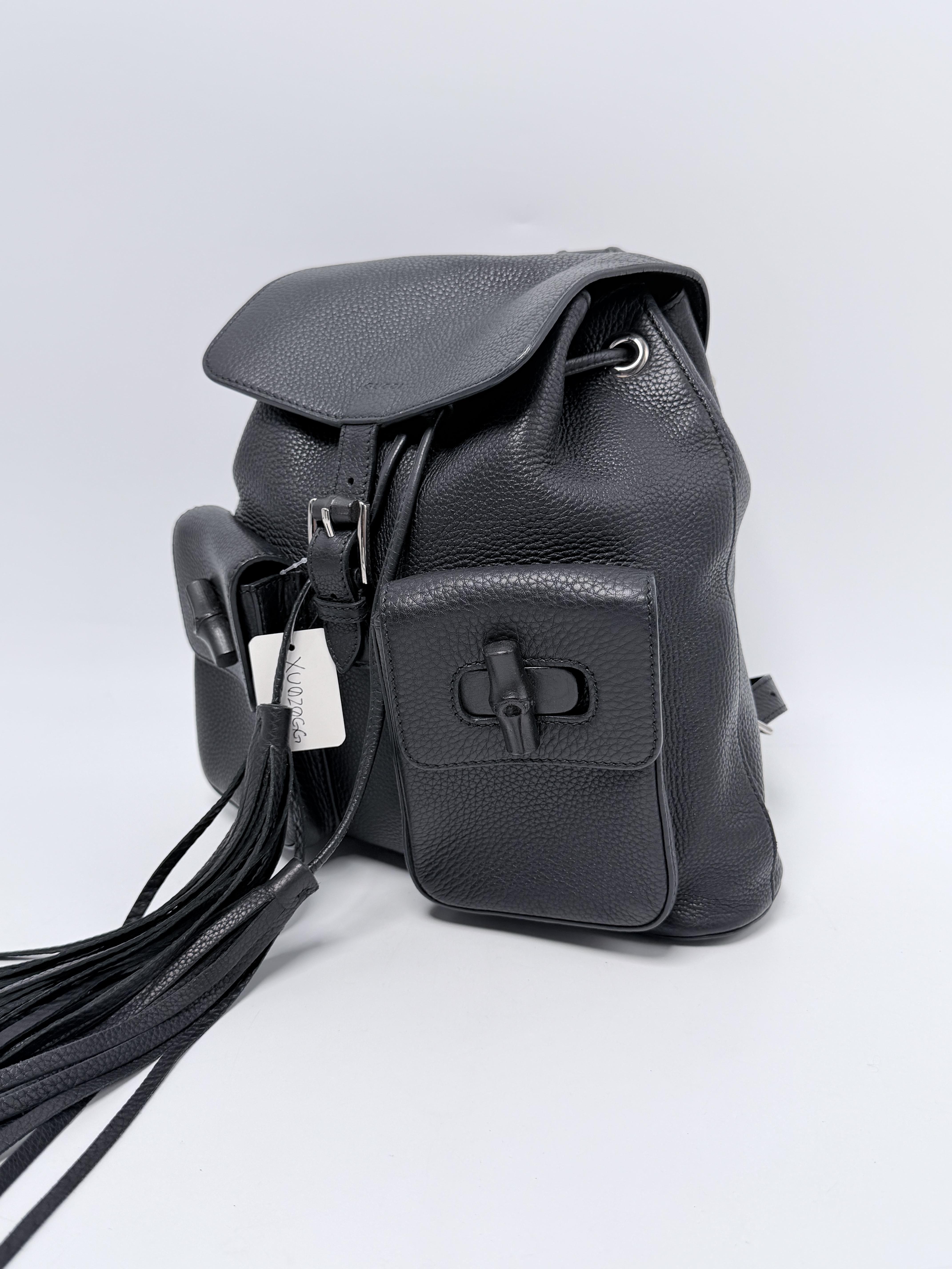 Black Pebbled Bamboo Tassel Fringe Medium Backpack Bag XU020GG