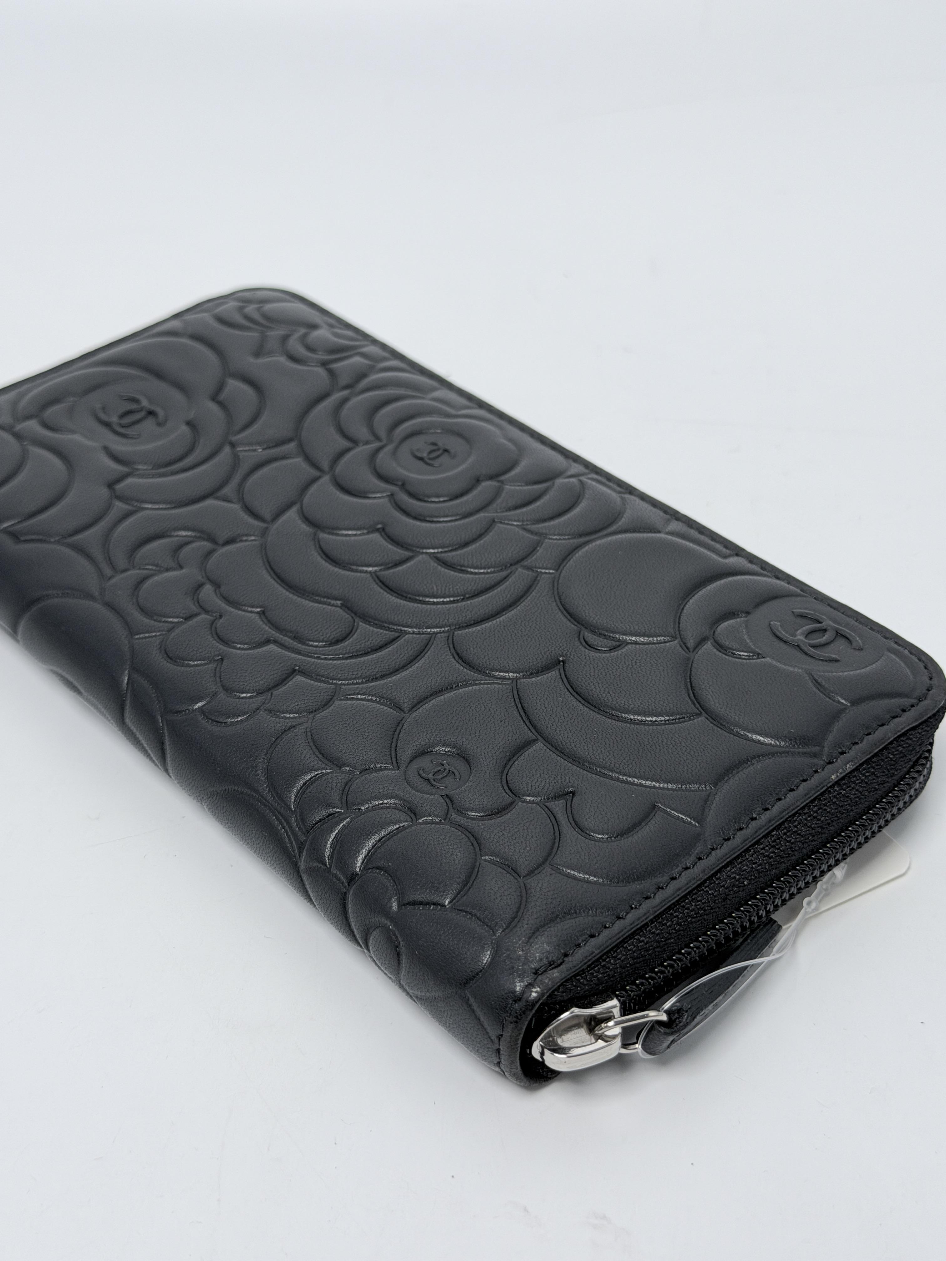 Camellia Embossed Zip Around Long Wallet Black Silver CC XU029CC