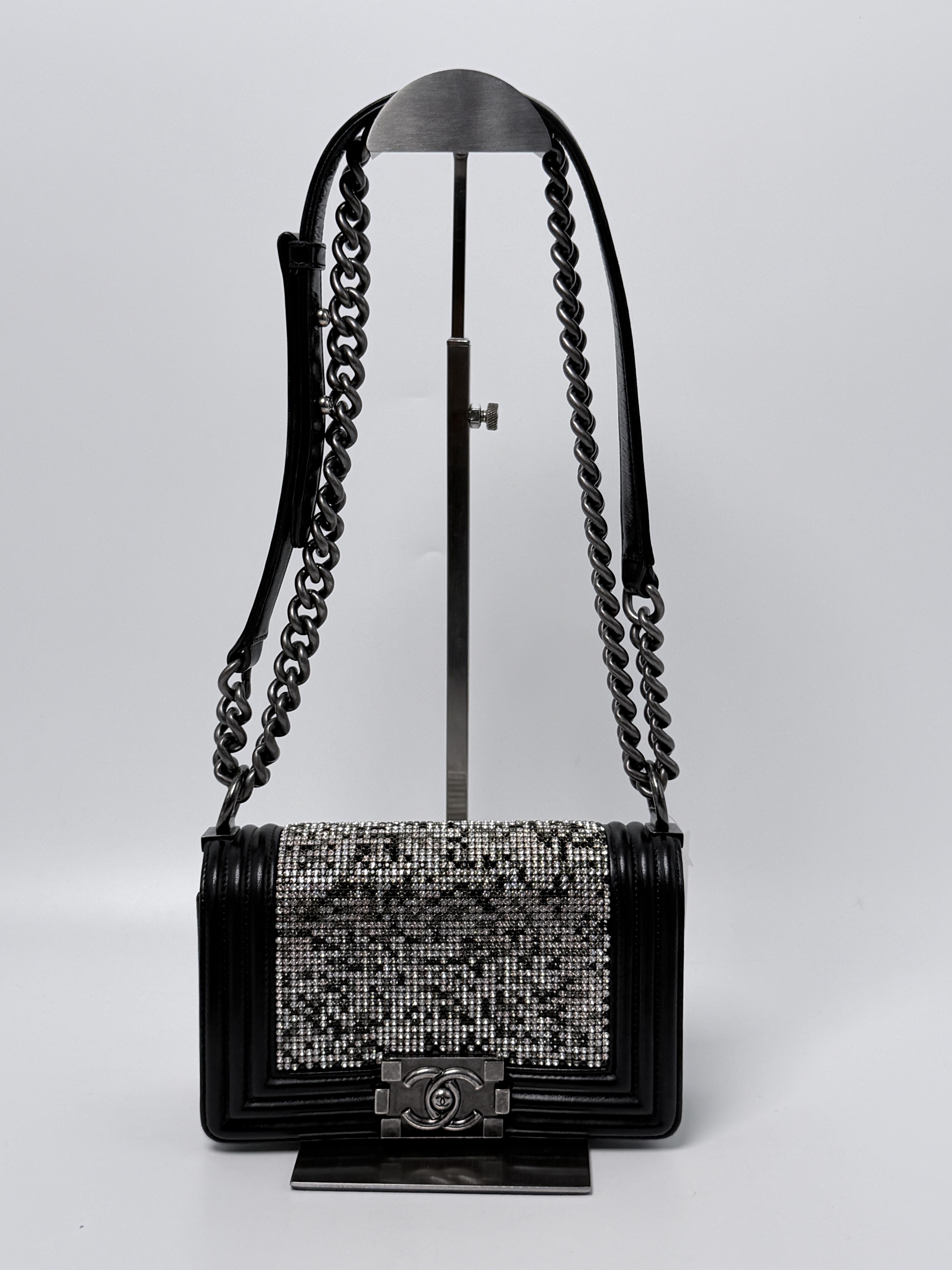 Limited Edition Black Lambskin Swarovski Crystal Strass Small Boy Flap Bag ZS063CC