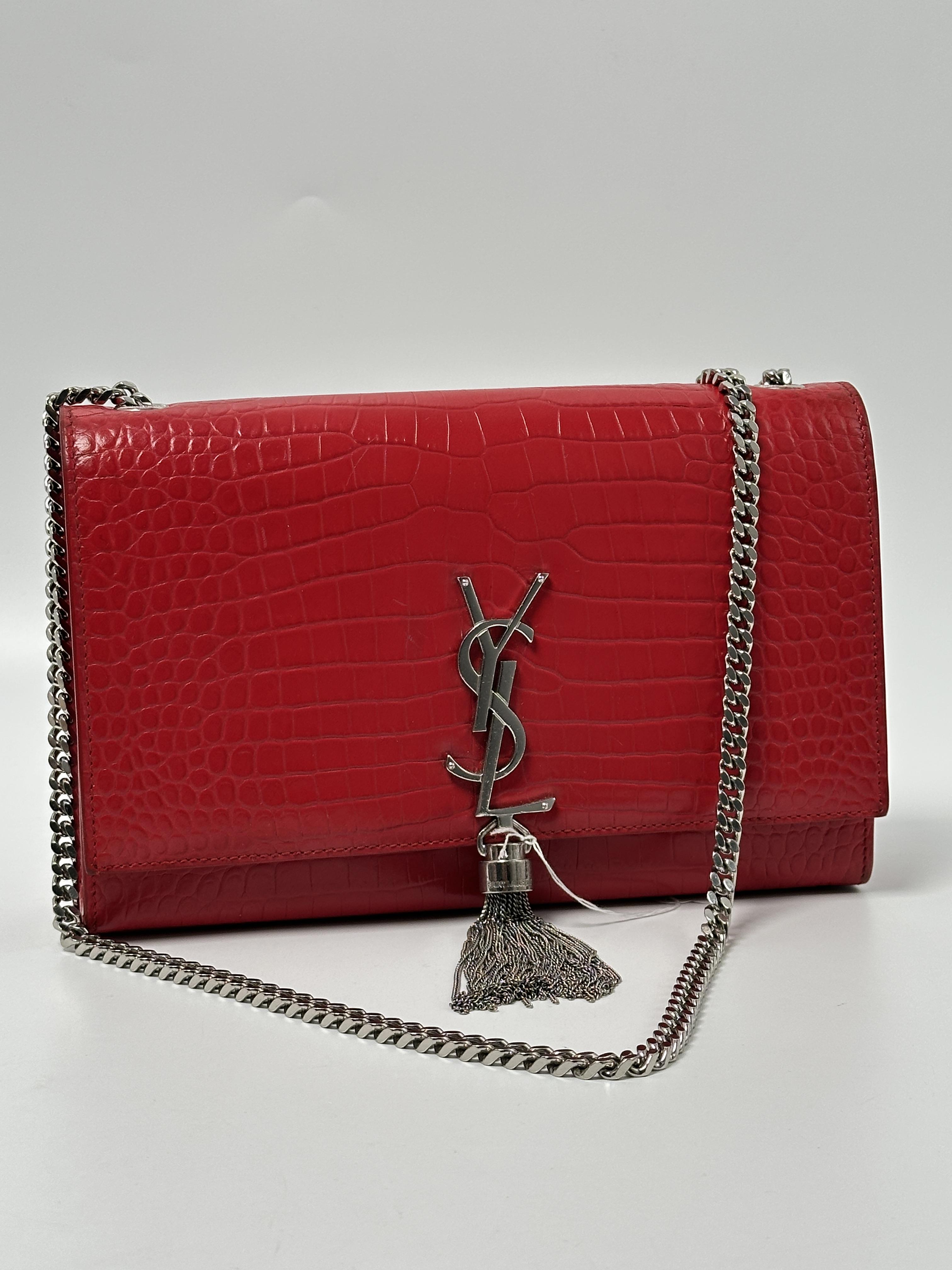 Pre-owned Yves Saint Laurent LEATHER Crossbody Bags Saint Laurent Red Croc Embossed Kate Tassel Crossbody Shoulder Bag JE460YL
