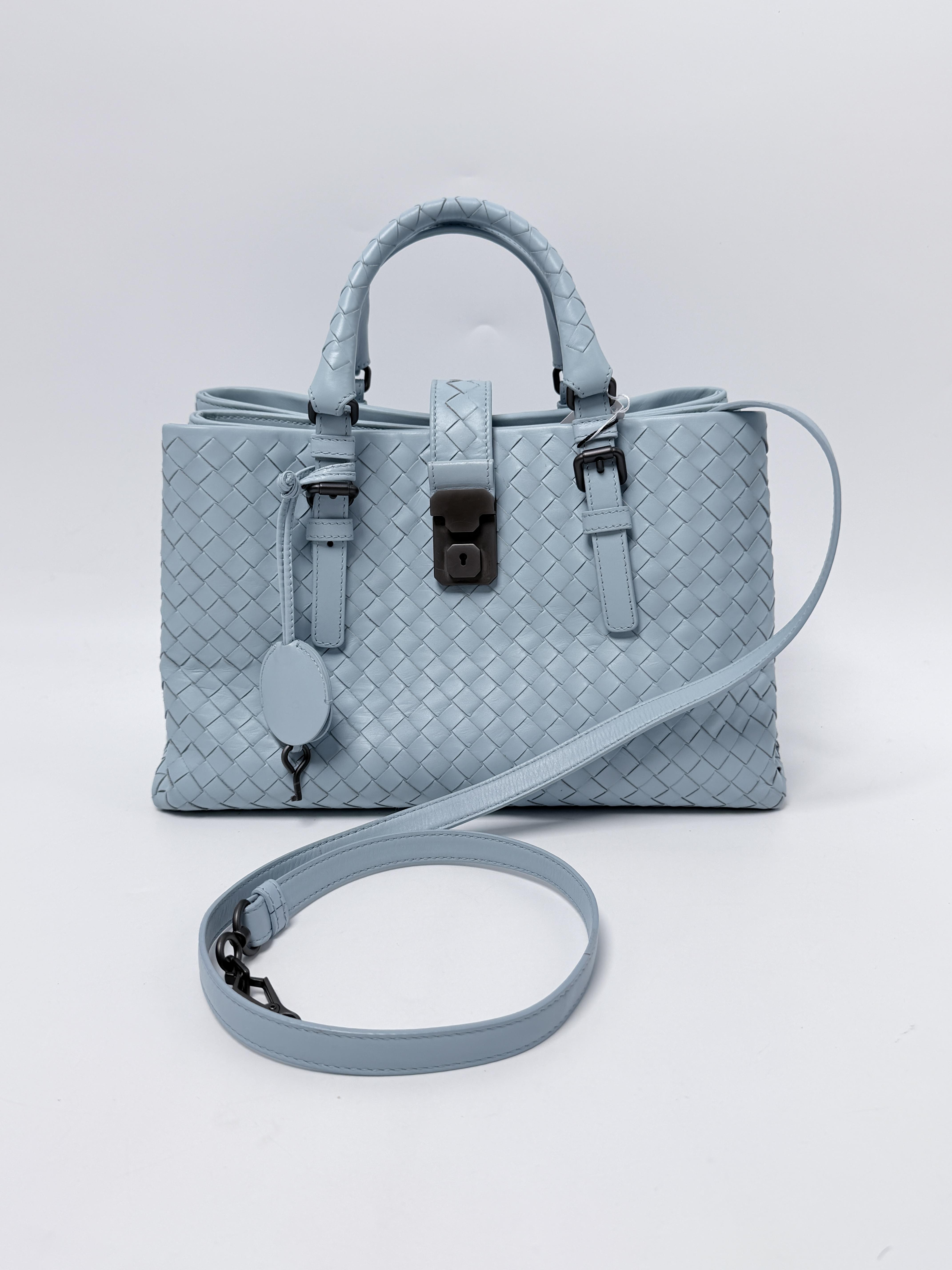 Intrecciato Roma Light Blue Woven Handle Handbag Tote Bag JE752BV