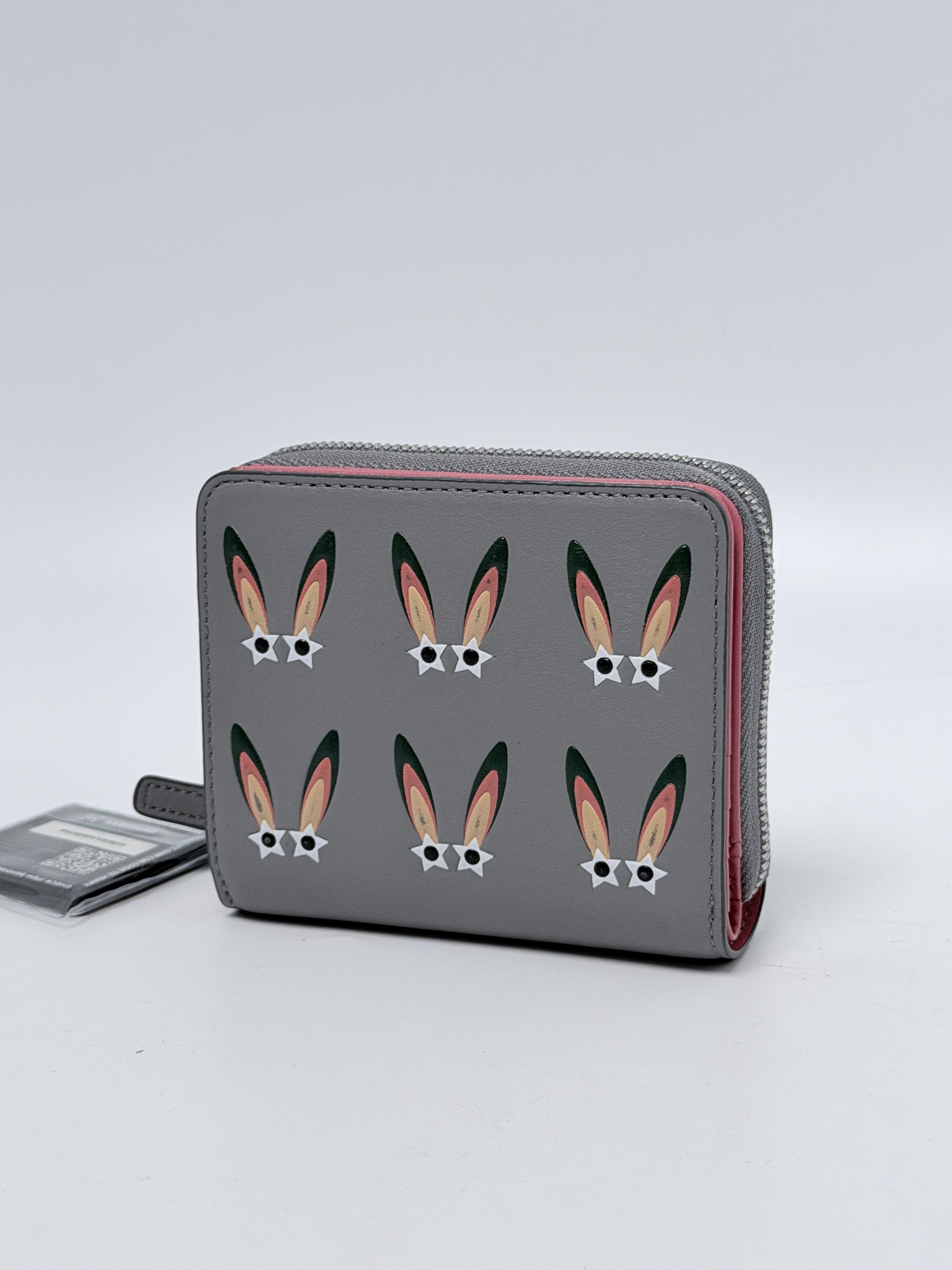 MCM Rabbit Visetos Leather Zip Around Bifold Compact Wallet Grey Pink JD1410MCM