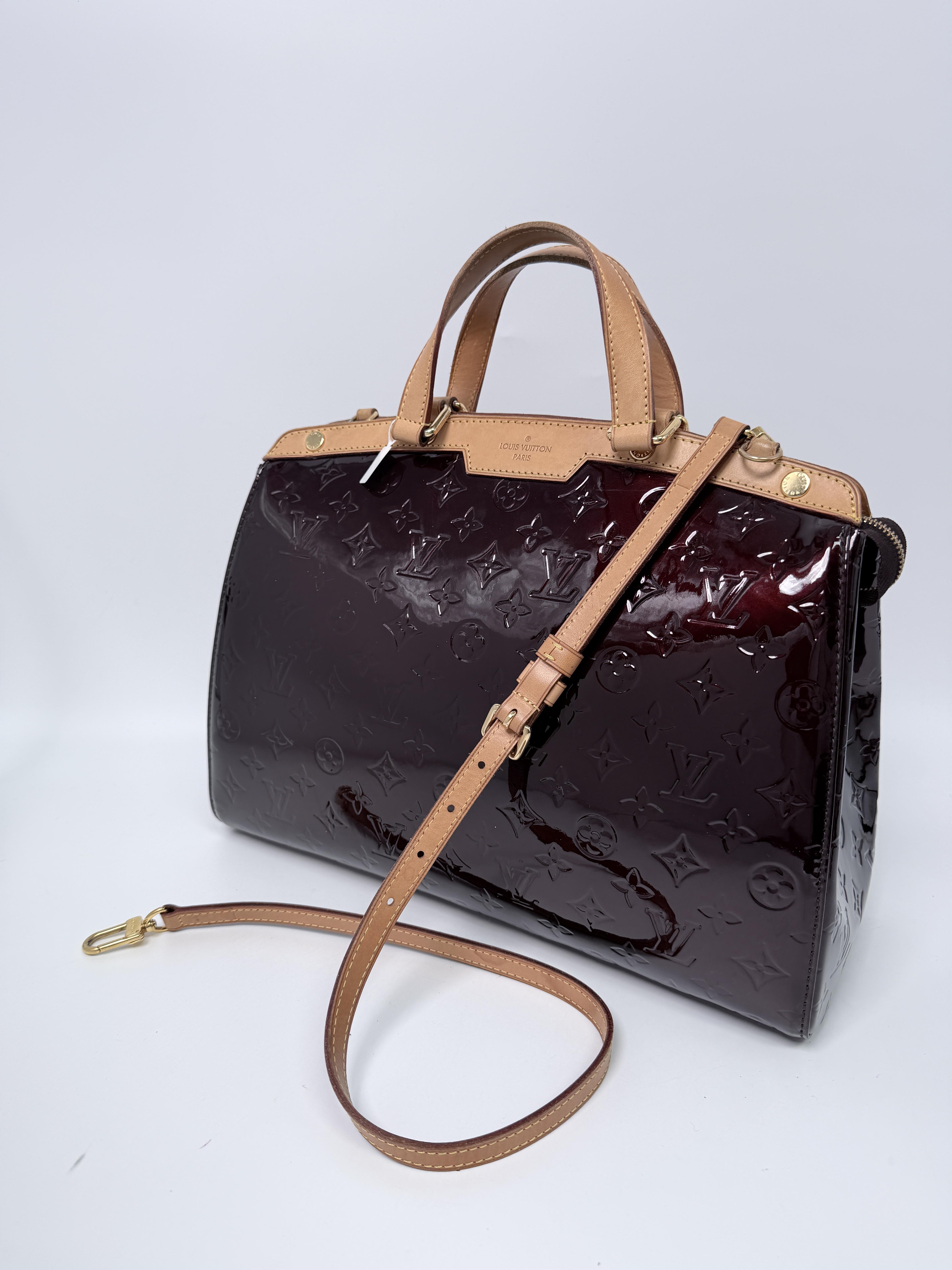 Pre-owned Louis Vuitton leather Shoulder Bags Brea GM Monogram Vernis Amarante Satchel Bag JA783LV