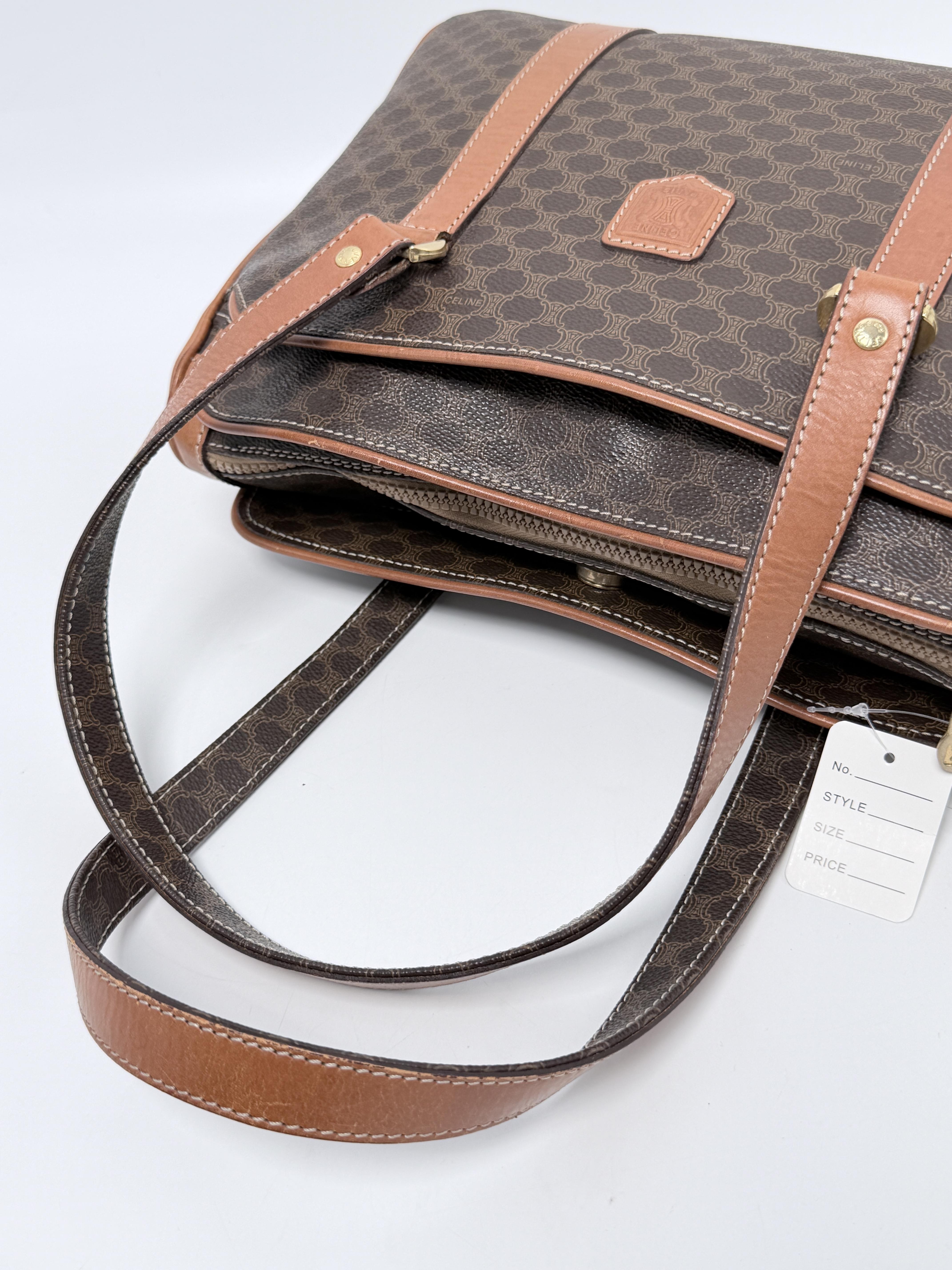 Vintage Macadam Canvas Top Handle Satchel Tote Bag Brown Leather XU005CE
