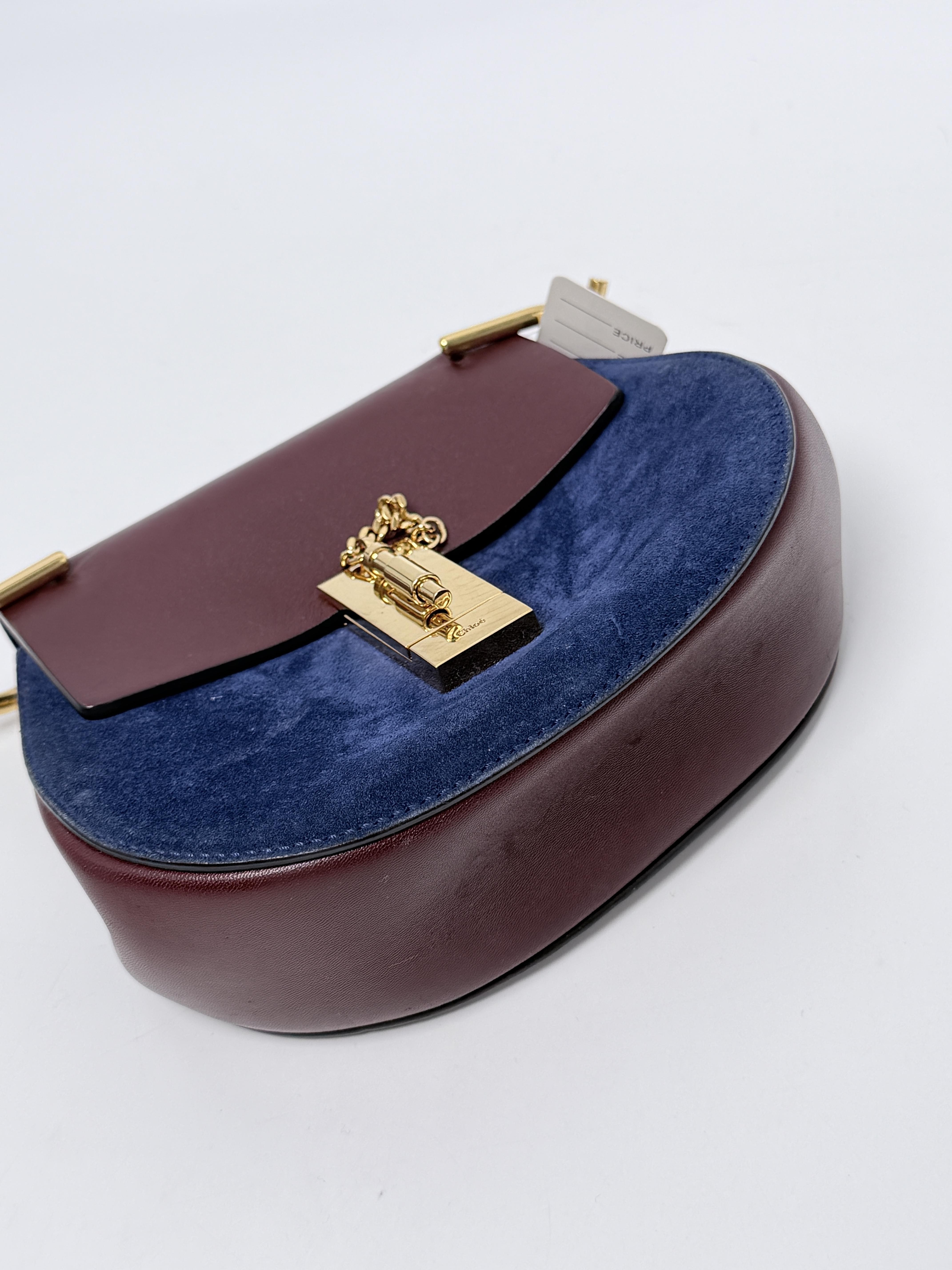 CHLOE Bicolor Suede and Smooth Small Drew Crossbody Bag Burgundy Navy XU001CHL
