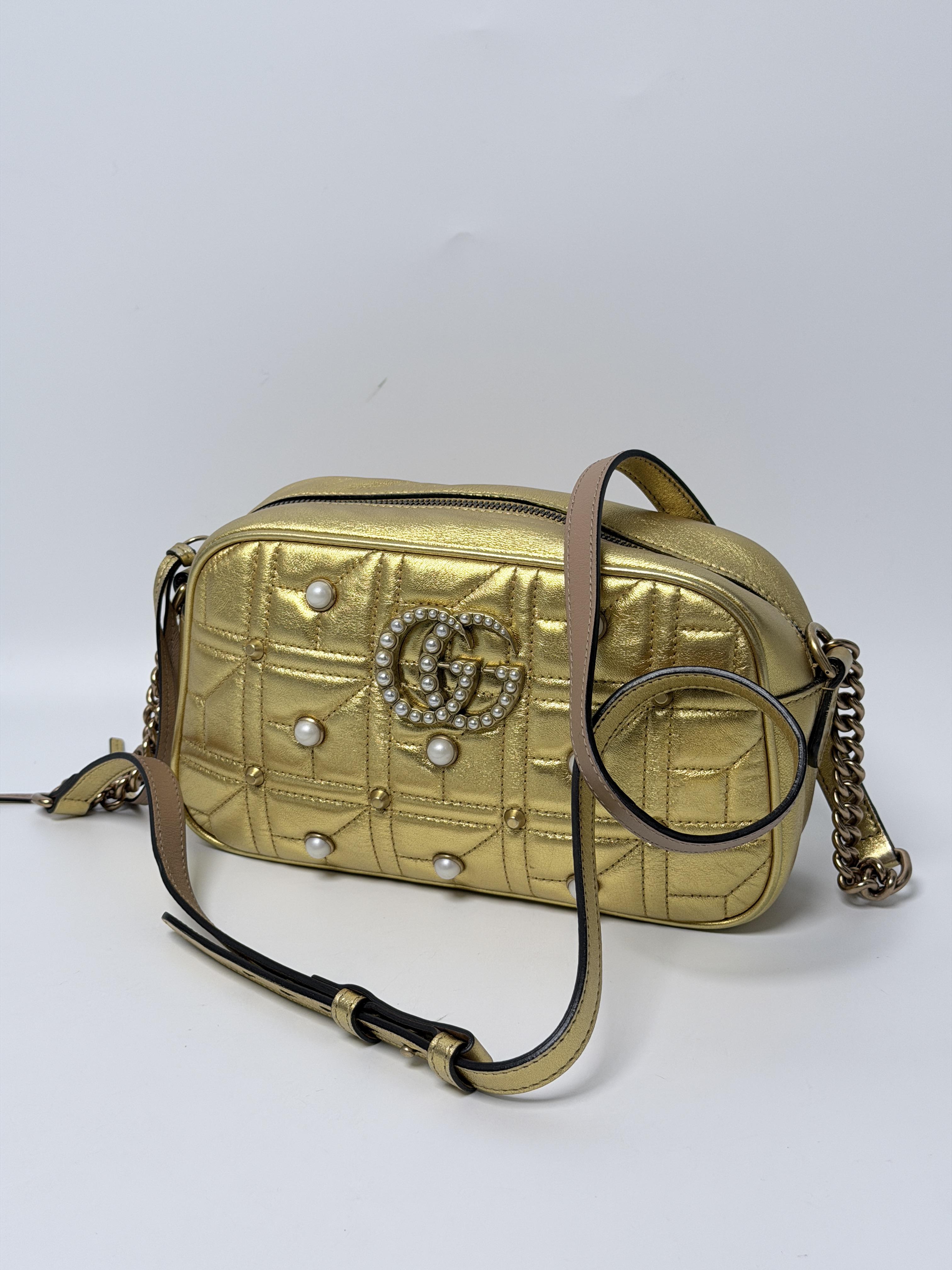 GG Authentic Metallic Gold Matelassé Pearl Studded GG Marmont Camera Bag JD317GG