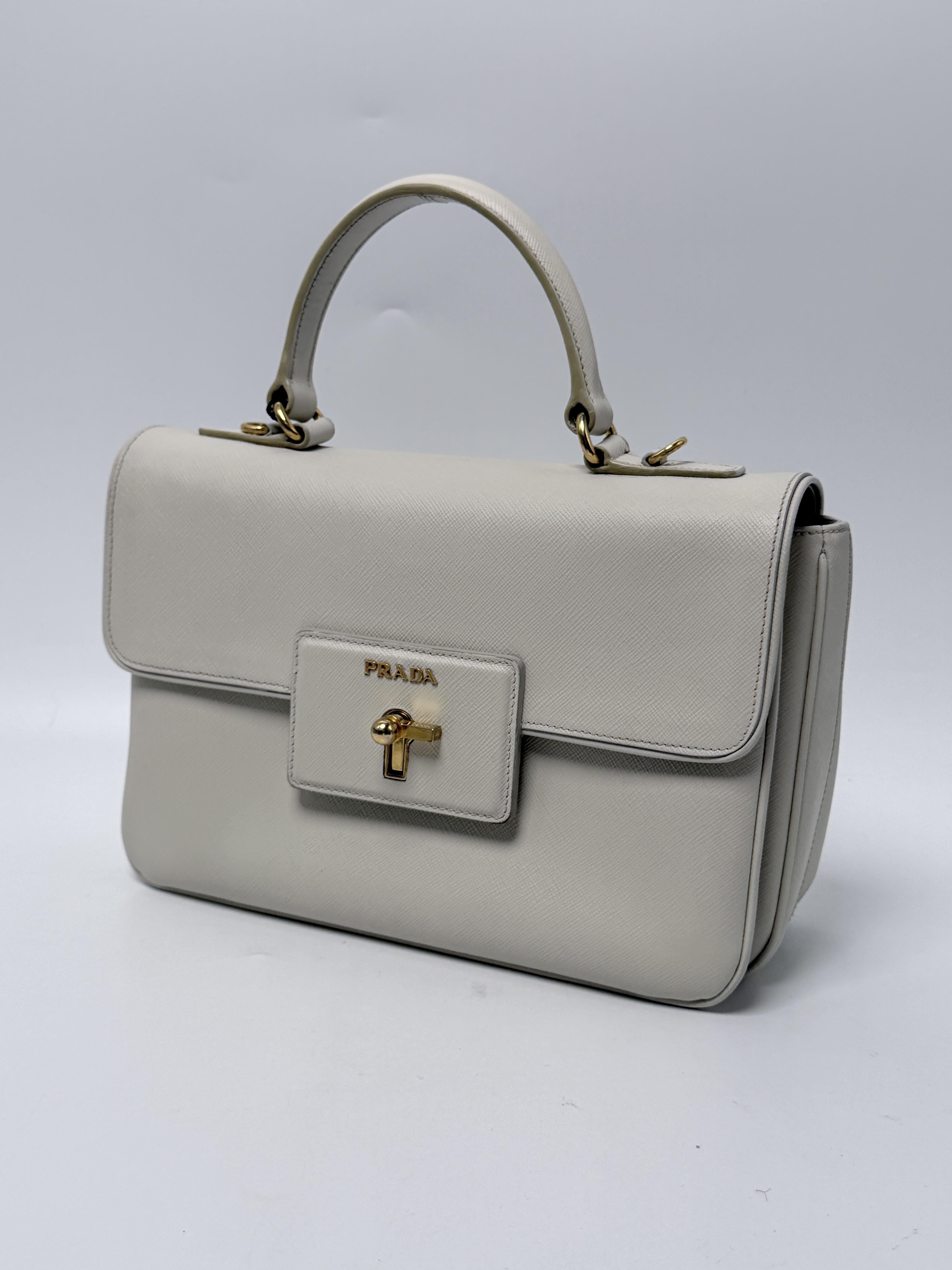 Saffiano Flap Turn Lock Top Handle 2WAY Bag Cream White JD1507PR