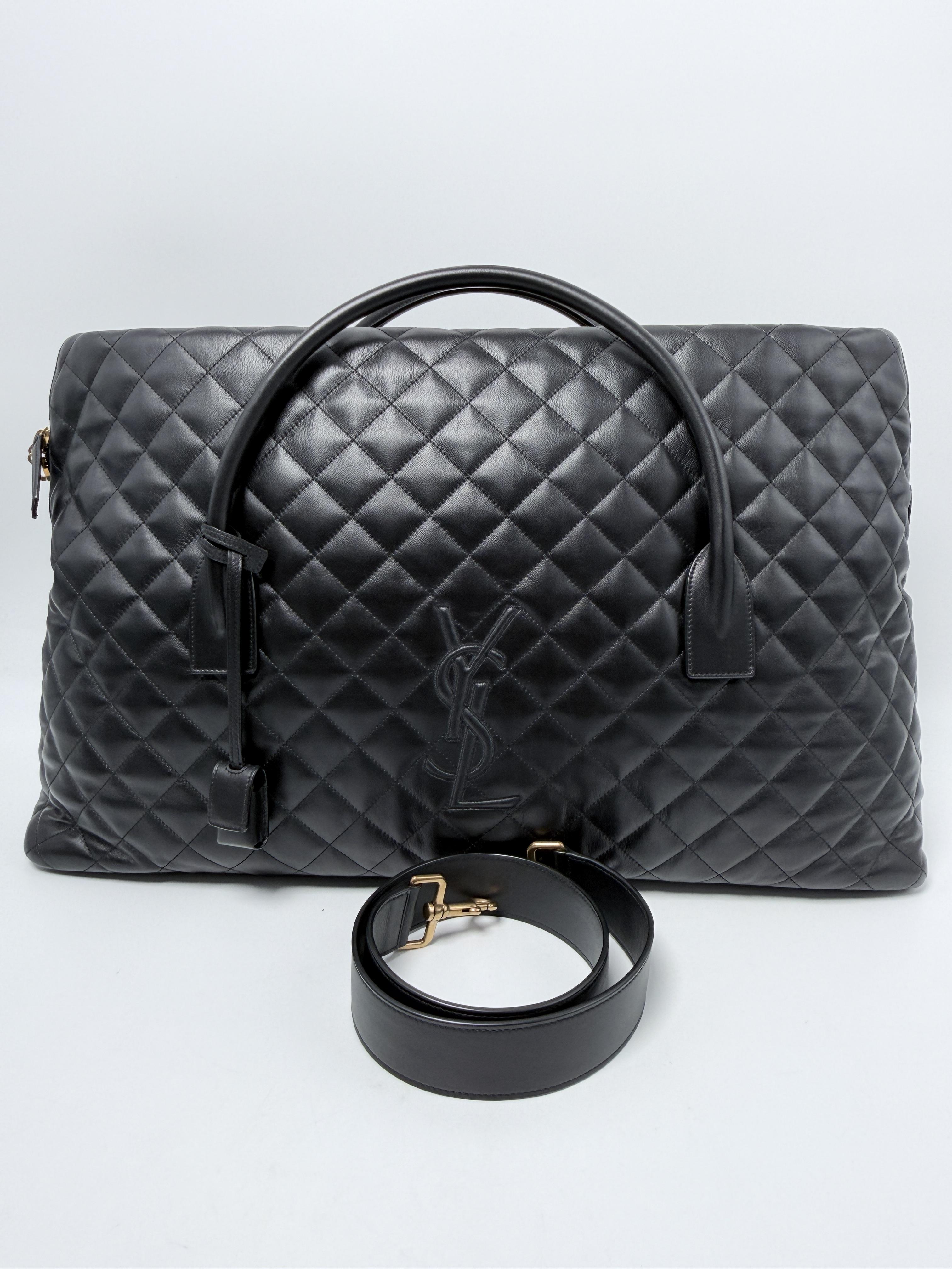 Saint Laurent Quilted Calfskin ES Giant Travel Bag Duffle Weekend Black FJ012YS