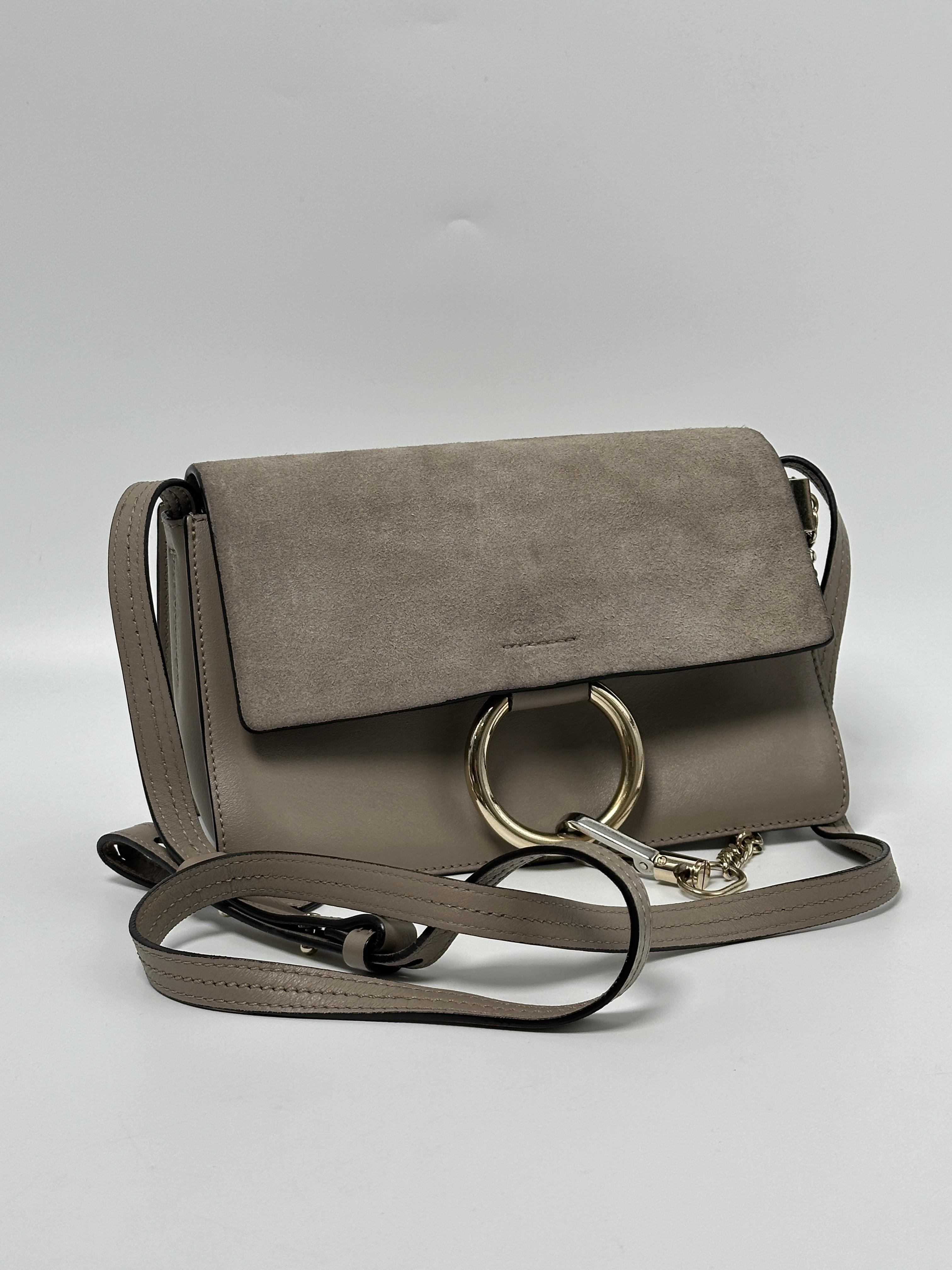 Pre-owned Chloé Suede-textured flap with smooth exterior and textile lining Shoulder Bags Taupe Faye Small Shoulder Crossbody Bag JD651CHL