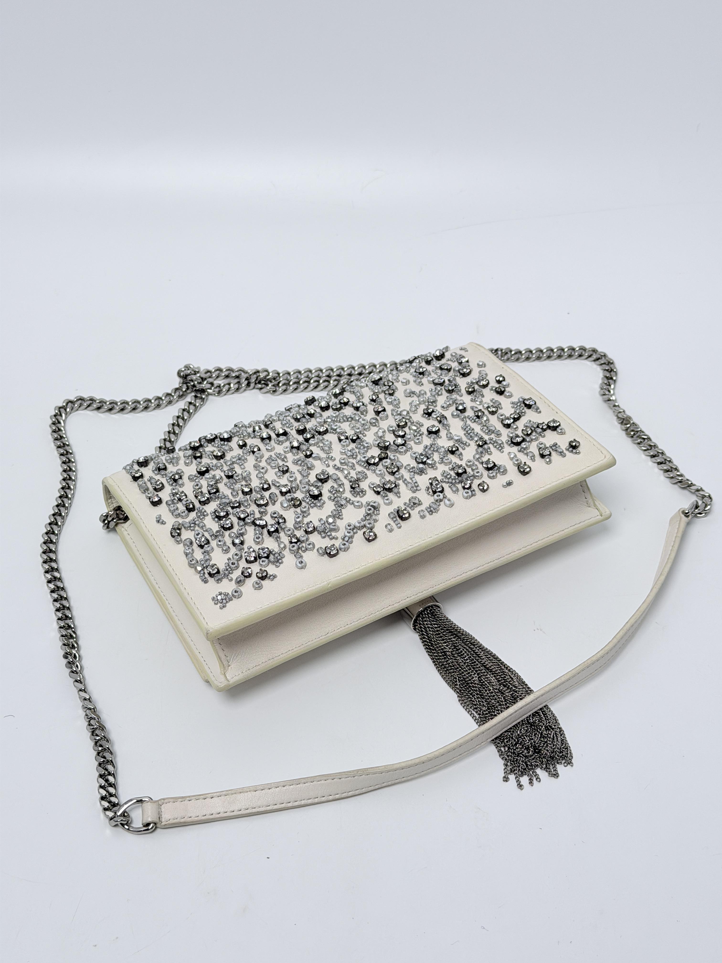 Saint Laurent Beaded Monogram Small Kate Tassel Chain Bag White Silver JD1616Y