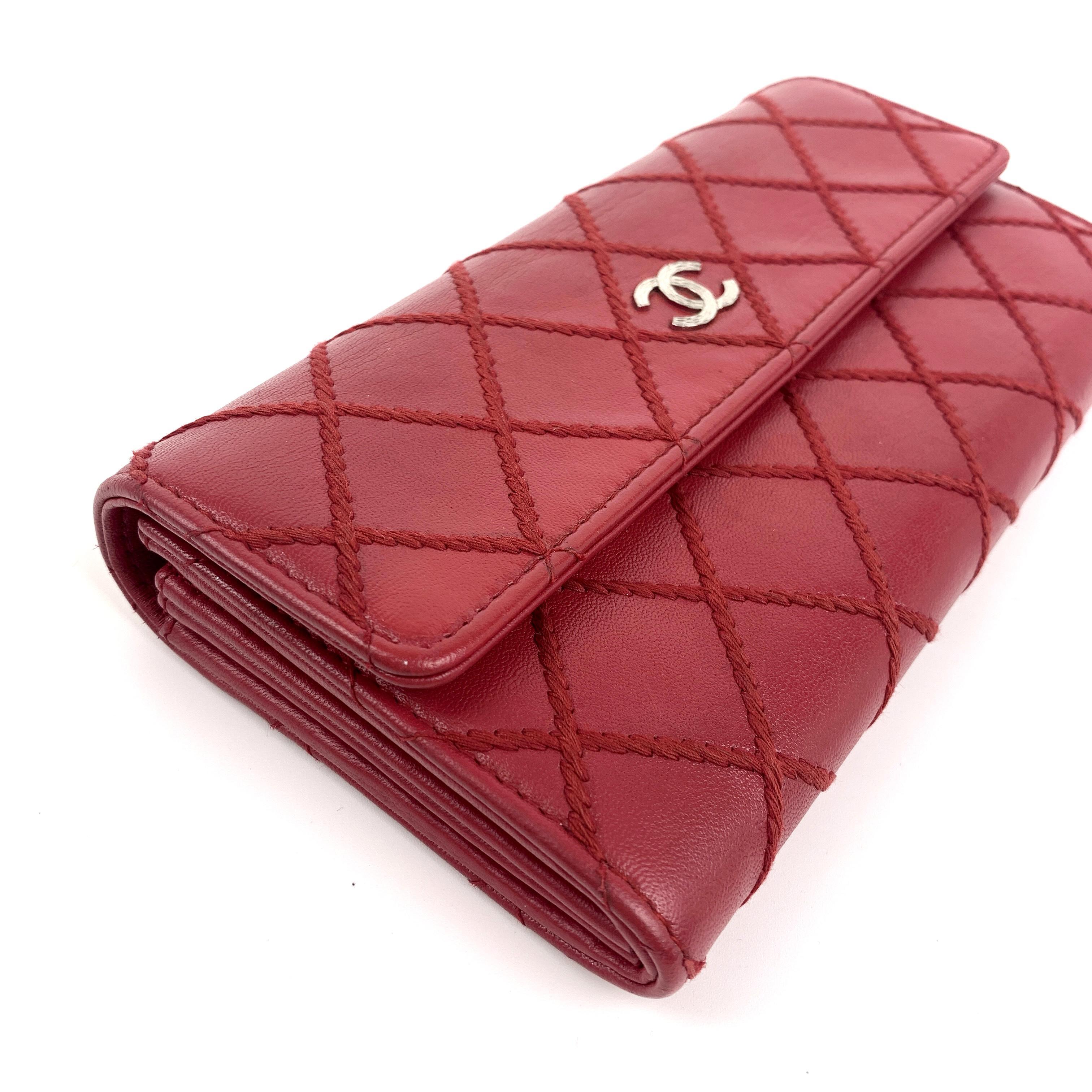 Pre-owned CHANEL Sheepskin Mini Bags Long Wallet Red Quilted Lambskin, Silver Hardware,Sku:SH51