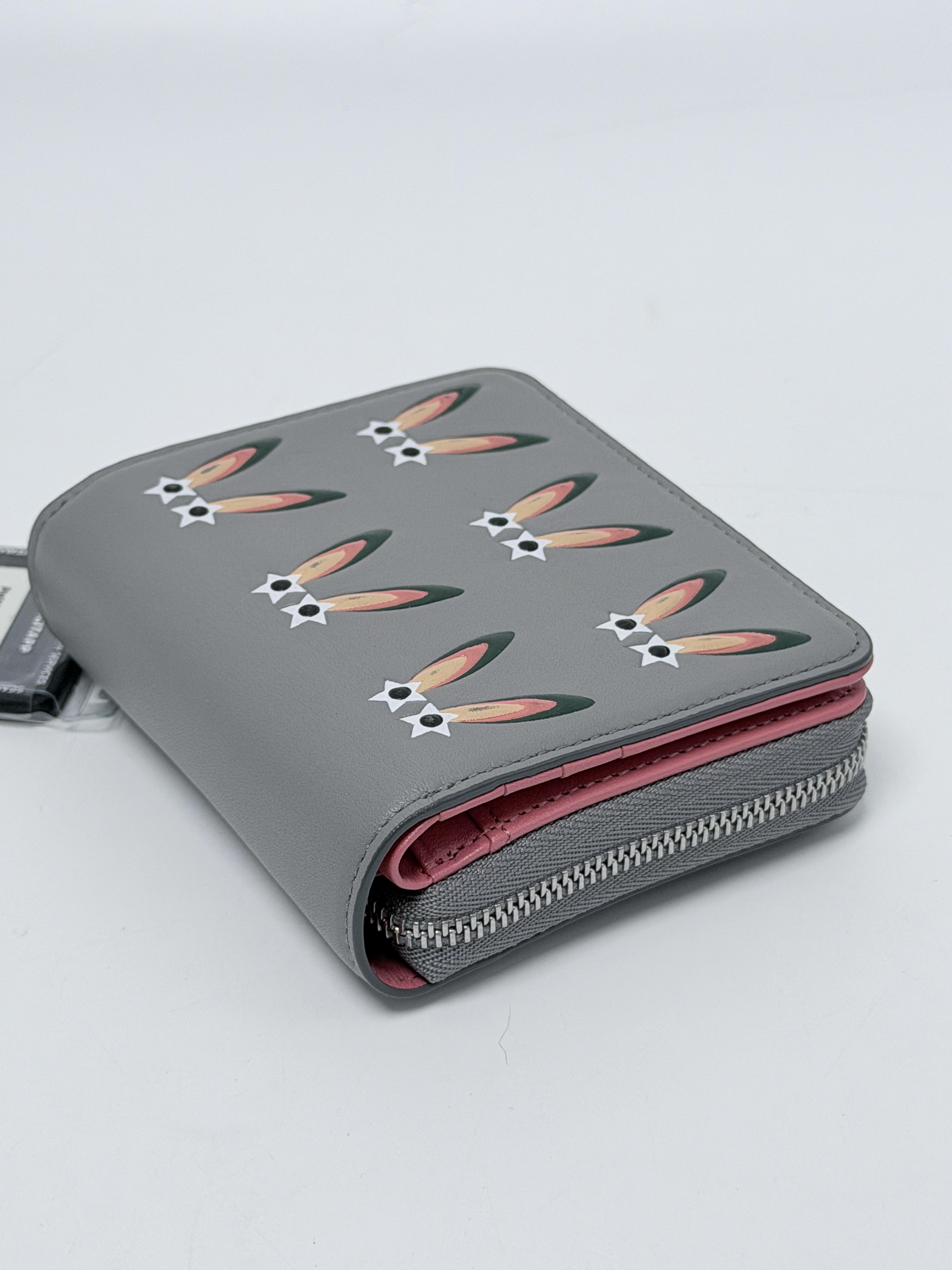 MCM Rabbit Visetos Leather Zip Around Bifold Compact Wallet Grey Pink JD1410MCM
