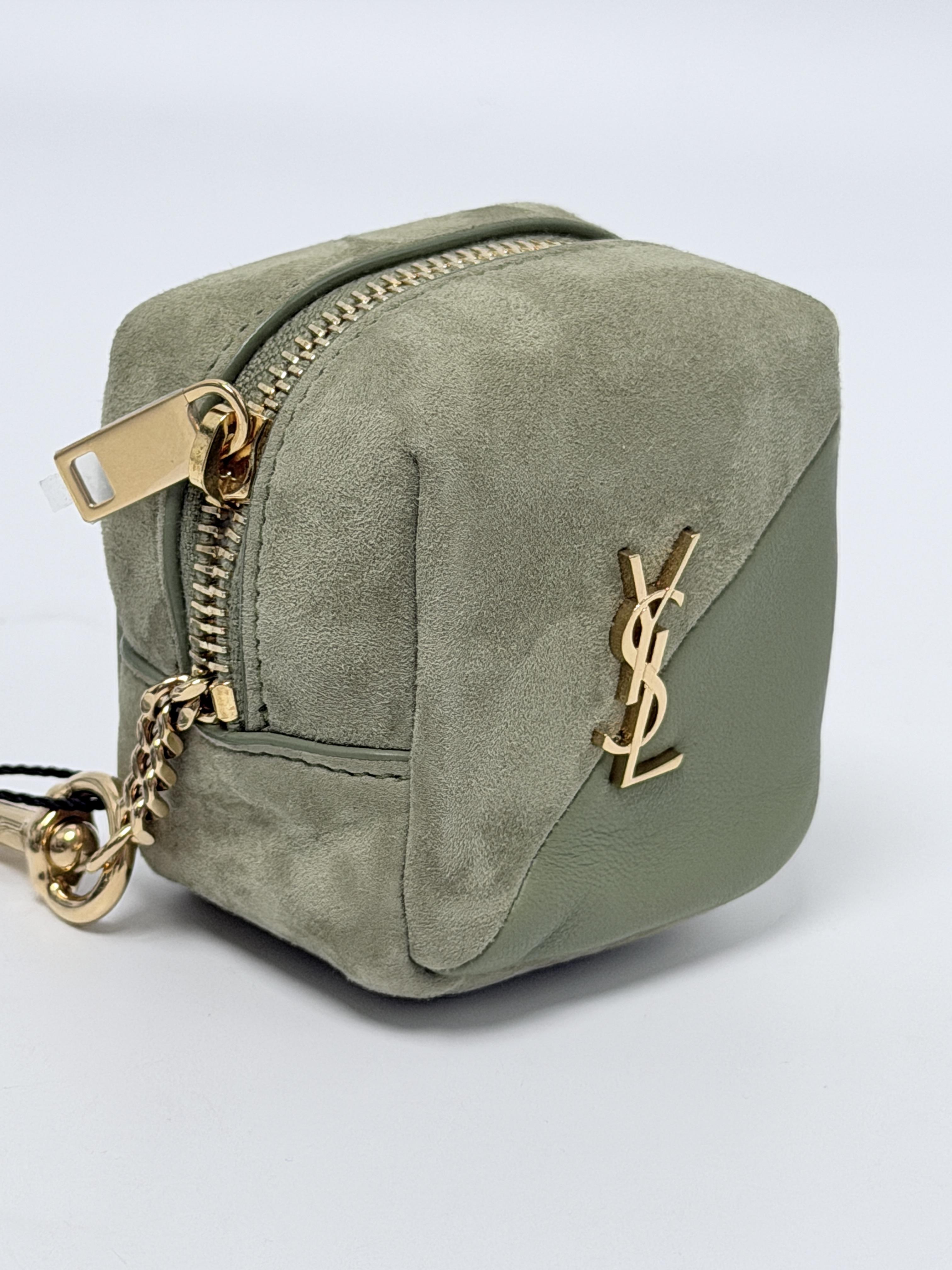 Saint Laurent Jamie Cube Bag Charm Key Pouch Light Sage Green Soft Olive Drab Gold Tone Hardware Luxury AirPod Case JD1222Y