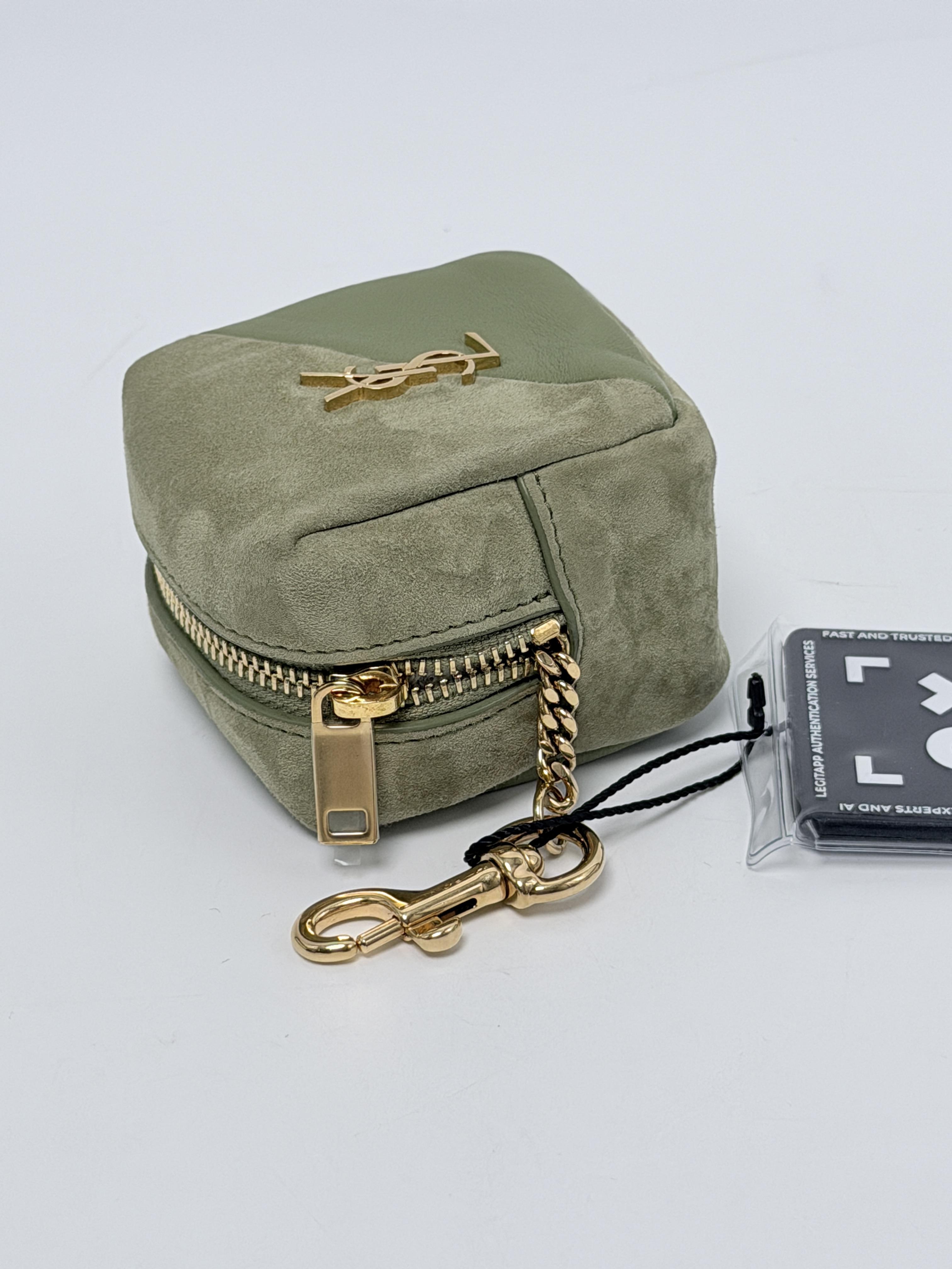 Saint Laurent Jamie Cube Bag Charm Key Pouch Light Sage Green Soft Olive Drab Gold Tone Hardware Luxury AirPod Case JD1222Y
