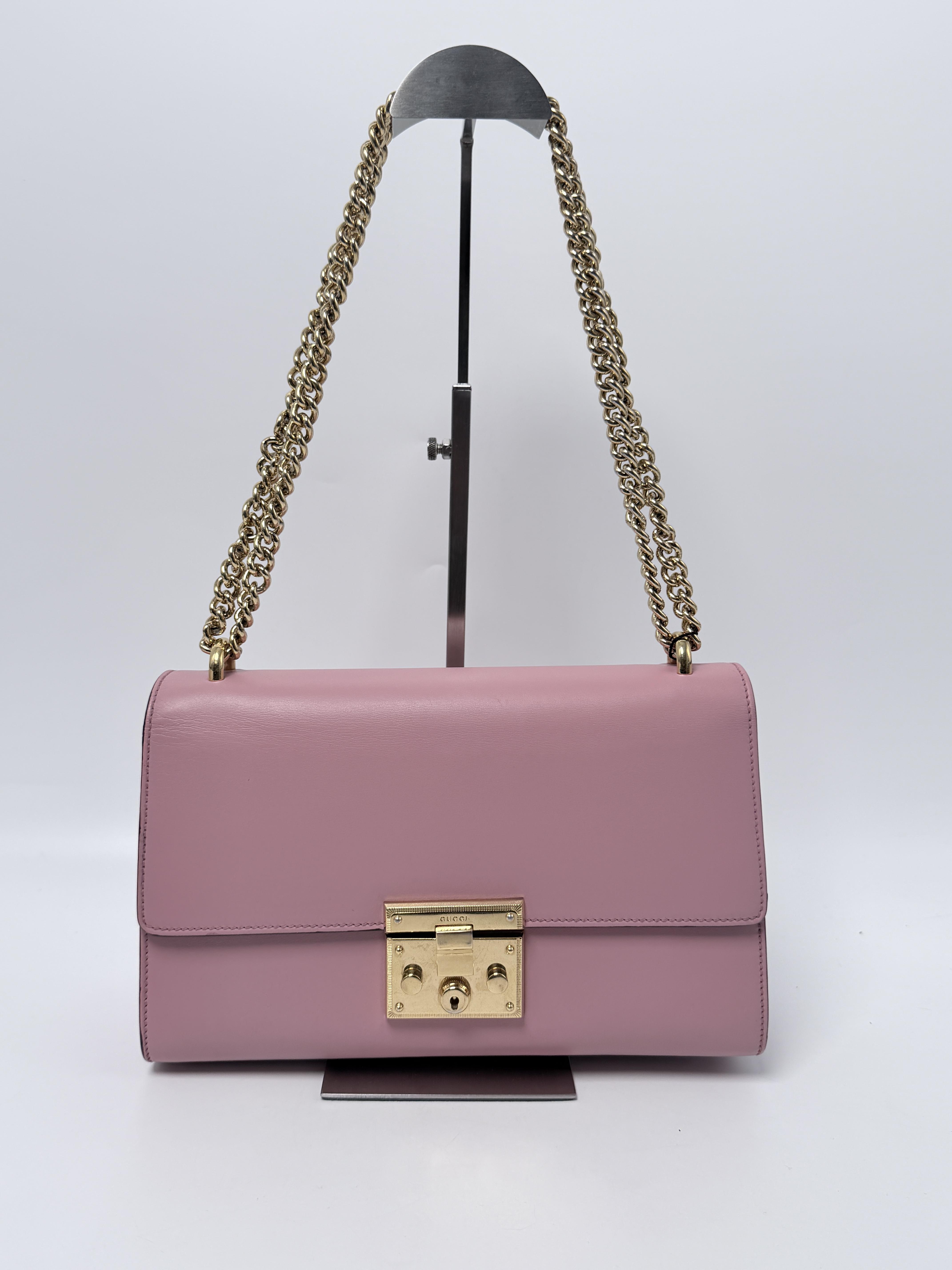 Padlock Medium Shoulder Bag Pink Smooth Gold Chain Flap Purse Auth JD1060GG