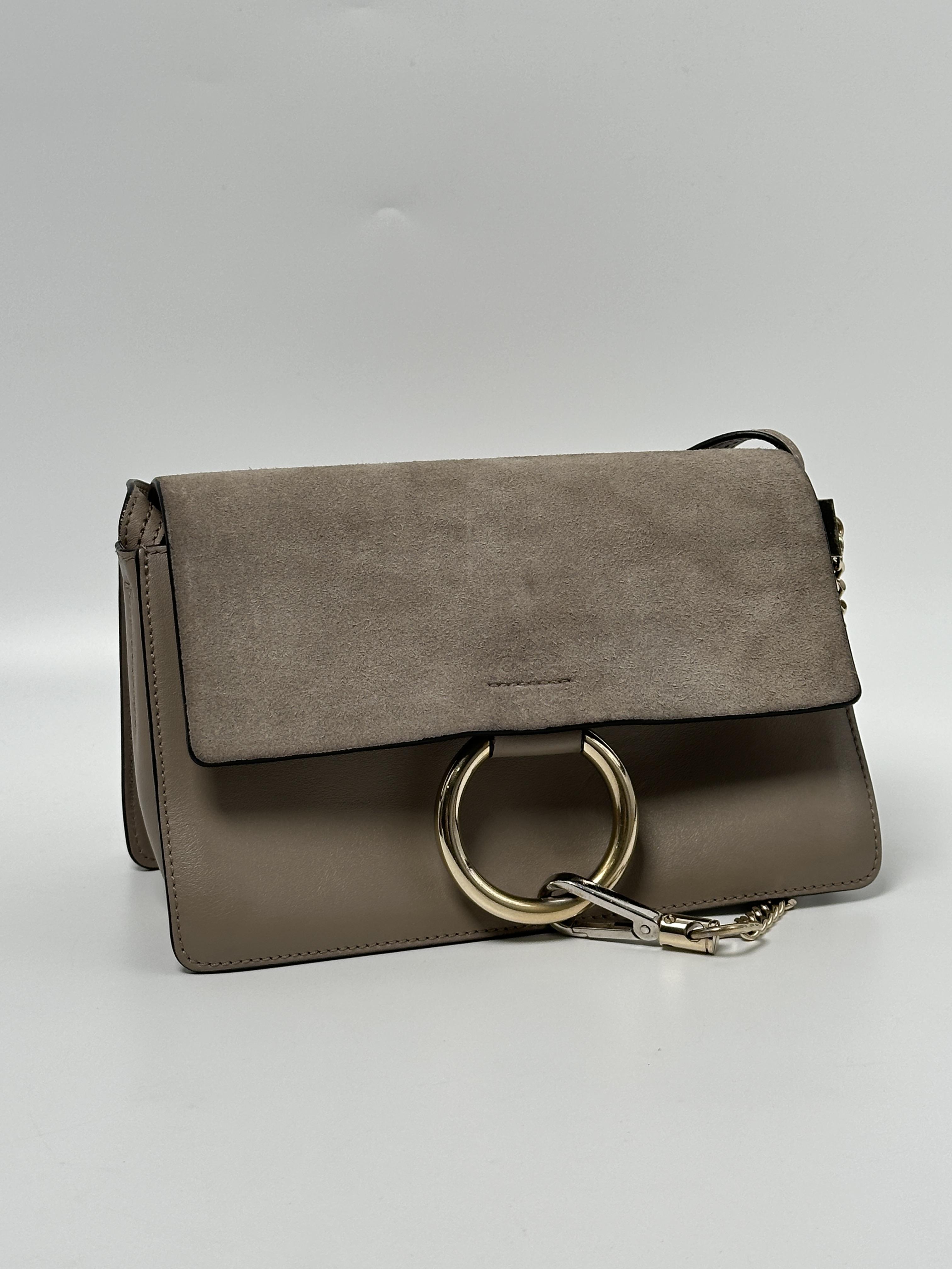 Pre-owned Chloé Suede-textured flap with smooth exterior and textile lining Shoulder Bags Taupe Faye Small Shoulder Crossbody Bag JD651CHL