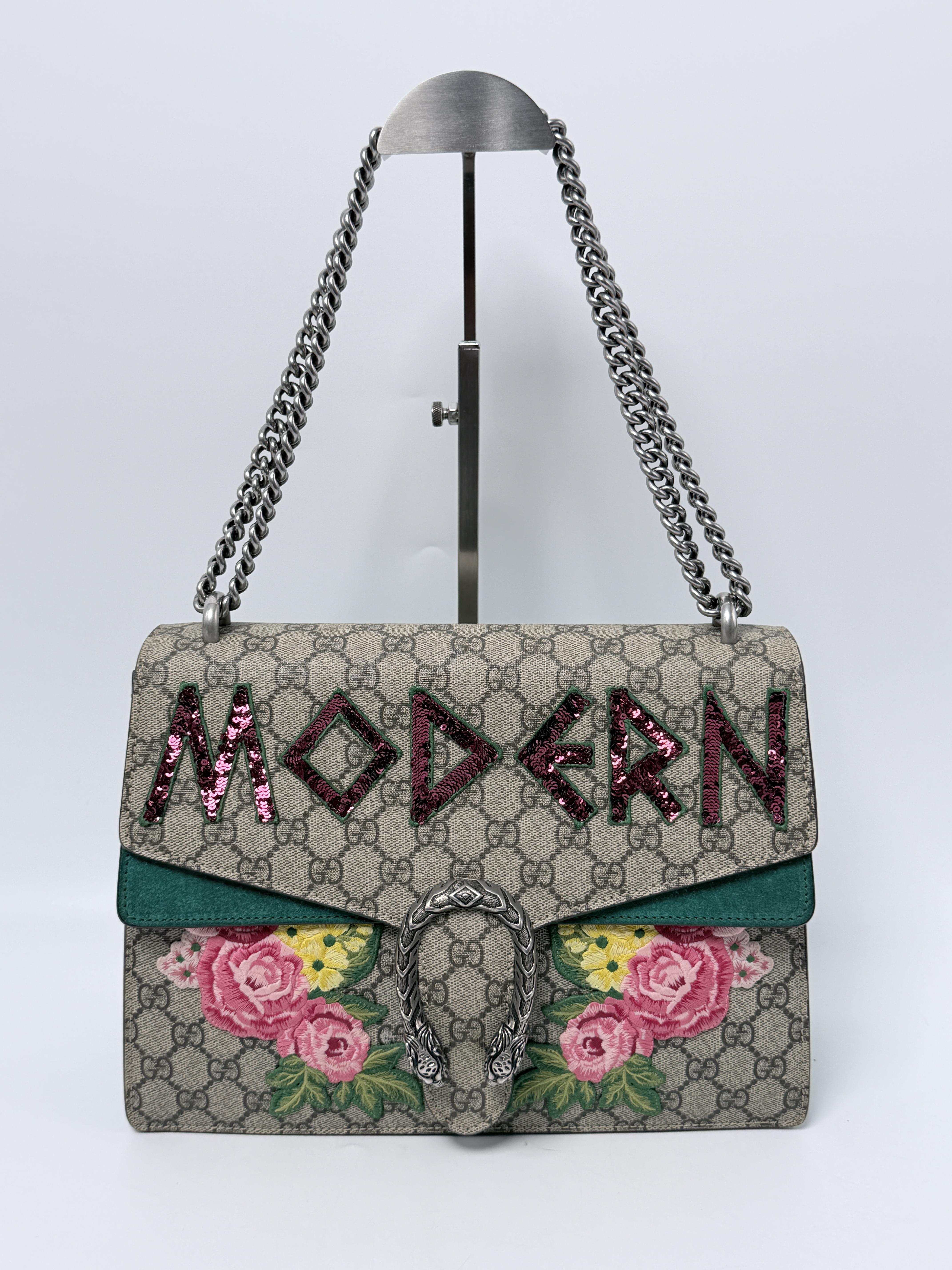Medium Dionysus Shoulder Bag Green Suede Modern Embroidery Silver Chain P021GG