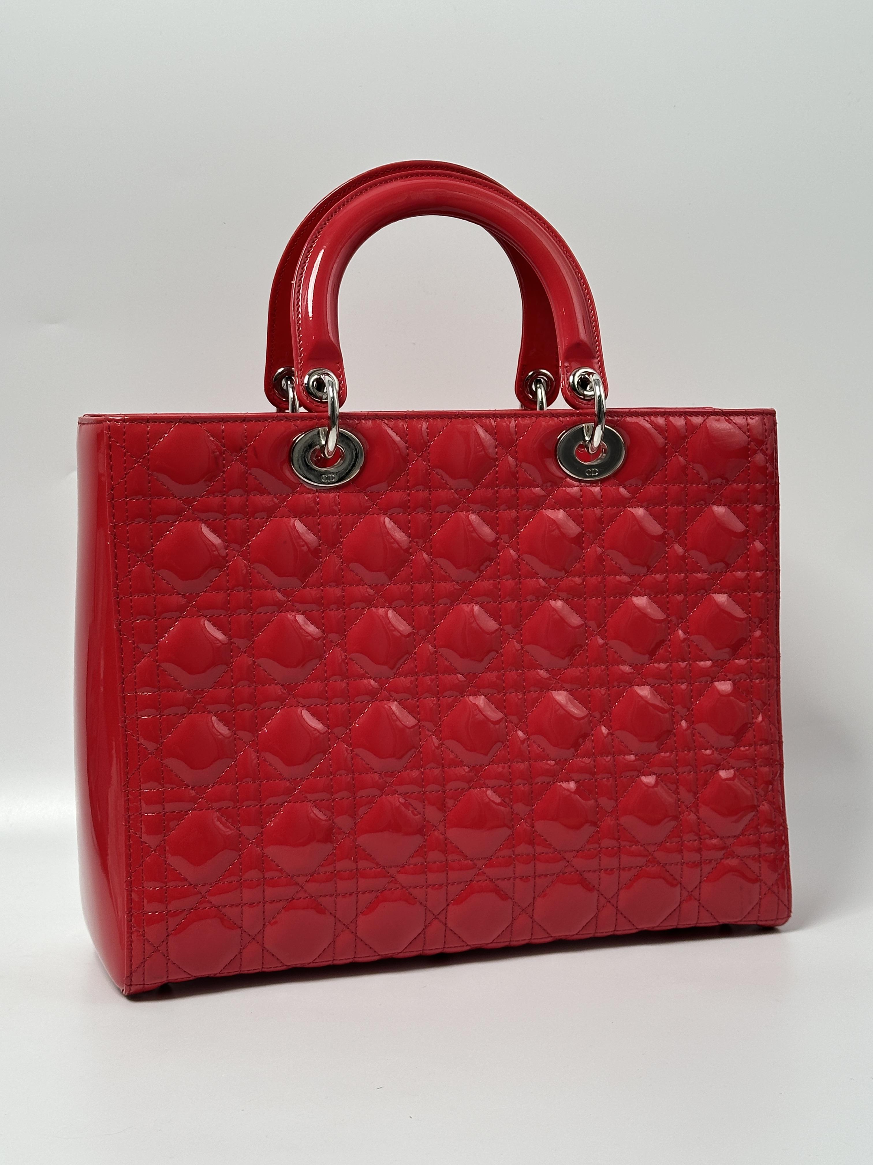 Pre-owned Dior LEATHER Shoulder Bags Large Lady Red Patent Cannage Shoulder Bag Top Handle Handbag JX21DO