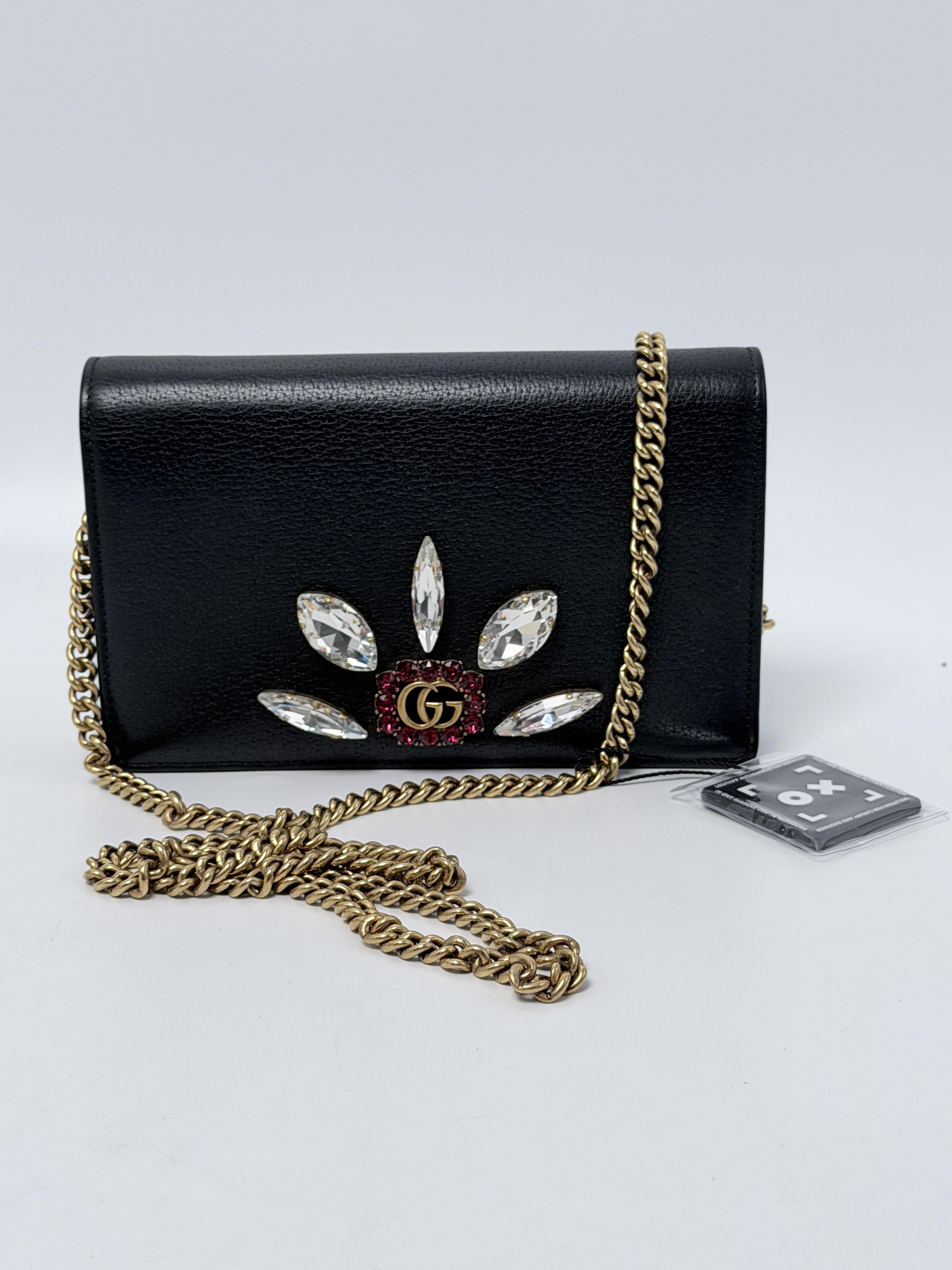 GG Marmont Wallet on Chain Crystal Embellished Flower Black Bag JD1158GG
