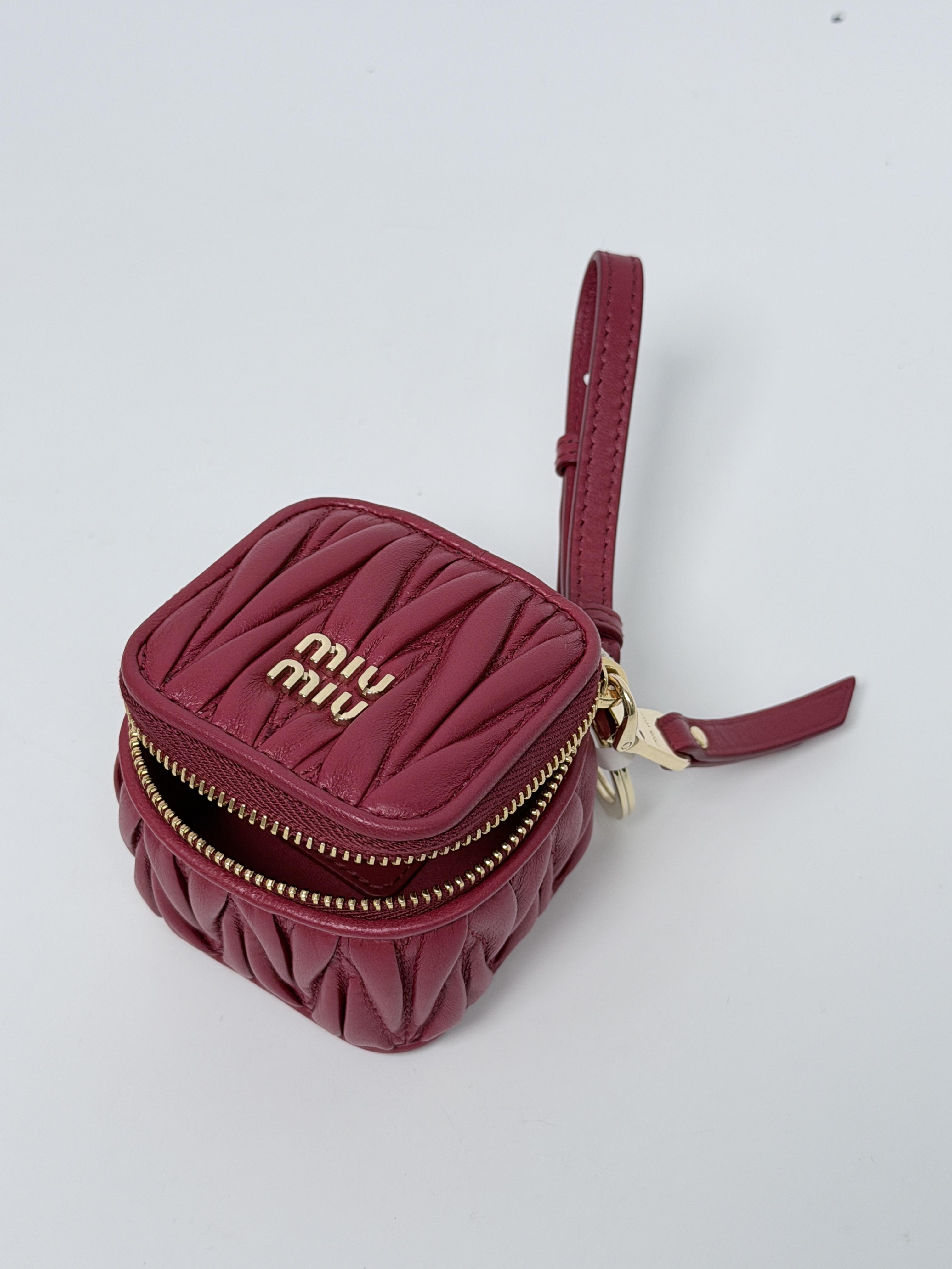 Pre-owned miu miu Leather Small Leather Goods Cherry Red Matelassé Nappa Micro Pouch / Bag Charm JD118MM