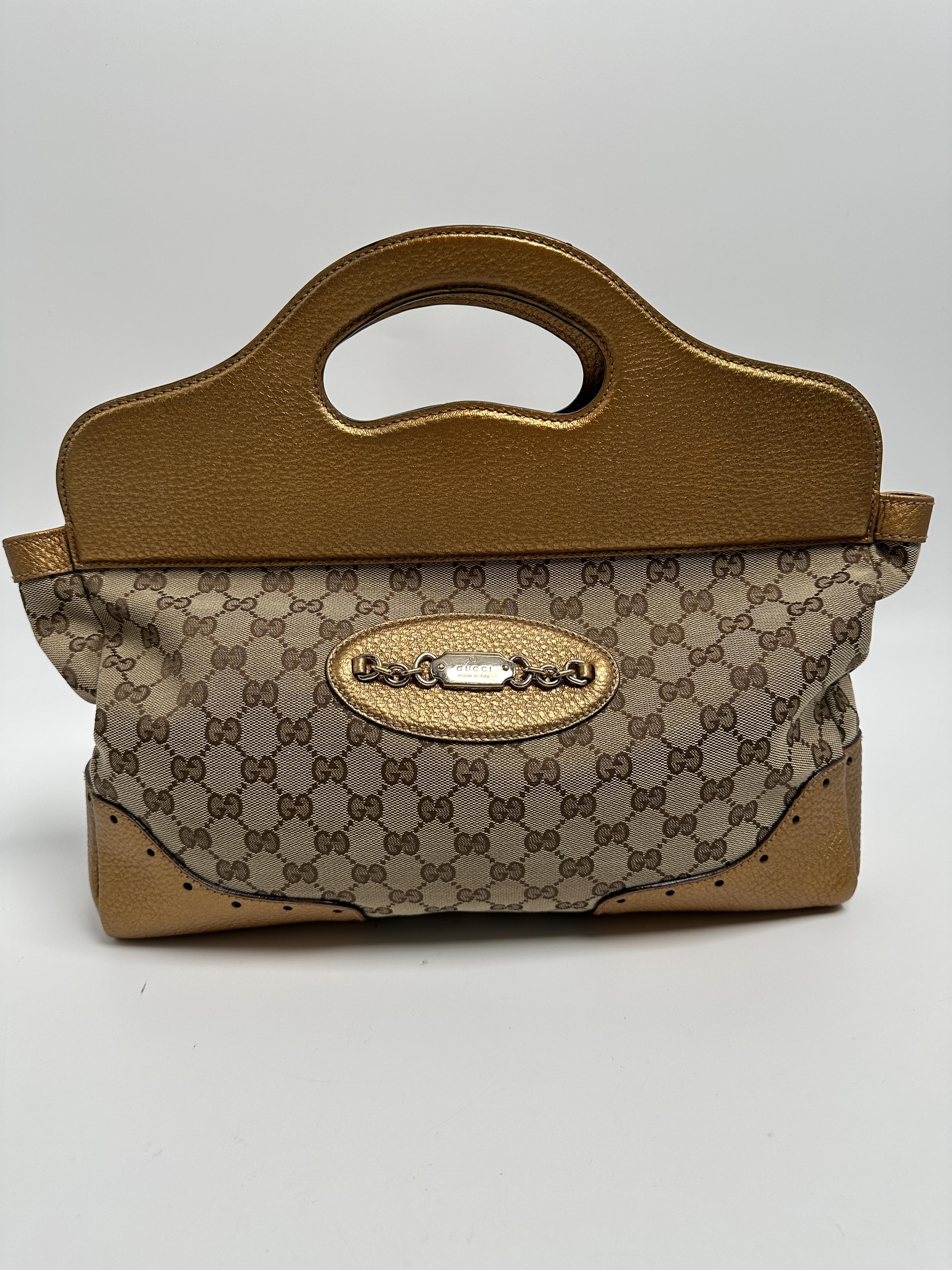 GG Punch Top Handle Bag Metallic Gold Leather Trim JD433GG