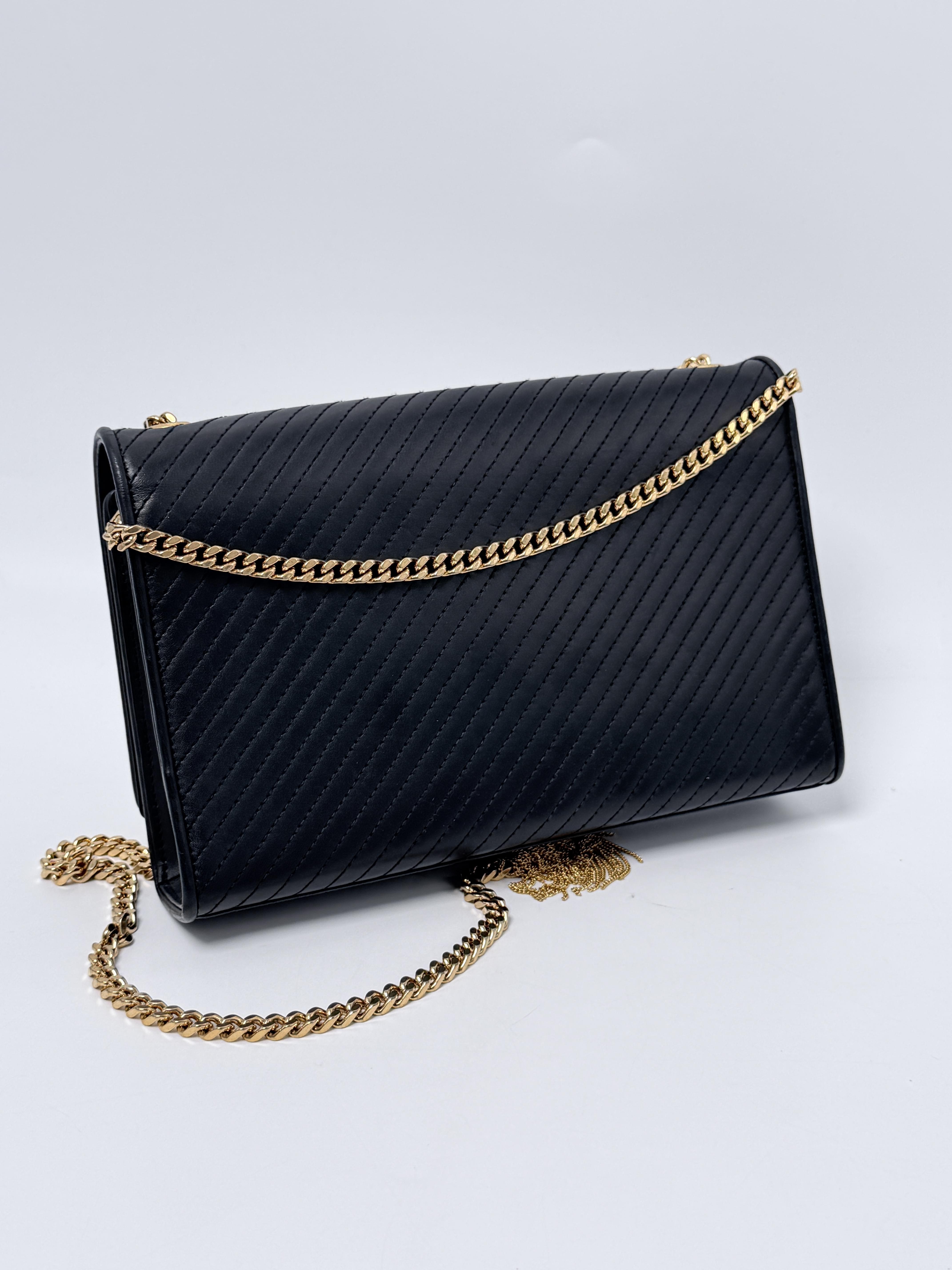 Saint Laurent Kate Medium Tassel Bag Diagonal Quilted Black Chain YSL P027YS