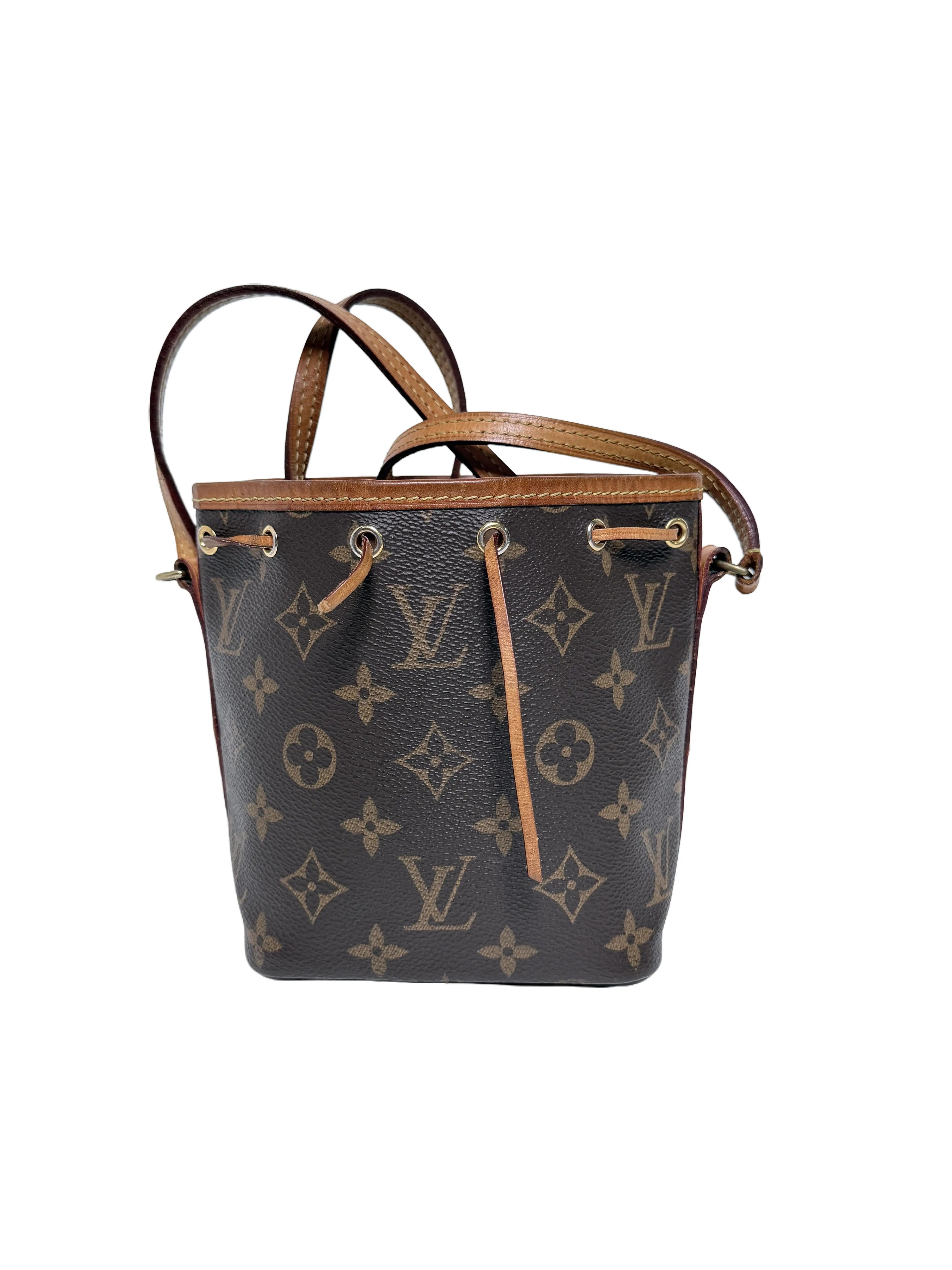 Authentic Nano Noé Monogram Monogram Coated with Drawstring Closure and Gold Hardware JXLV48