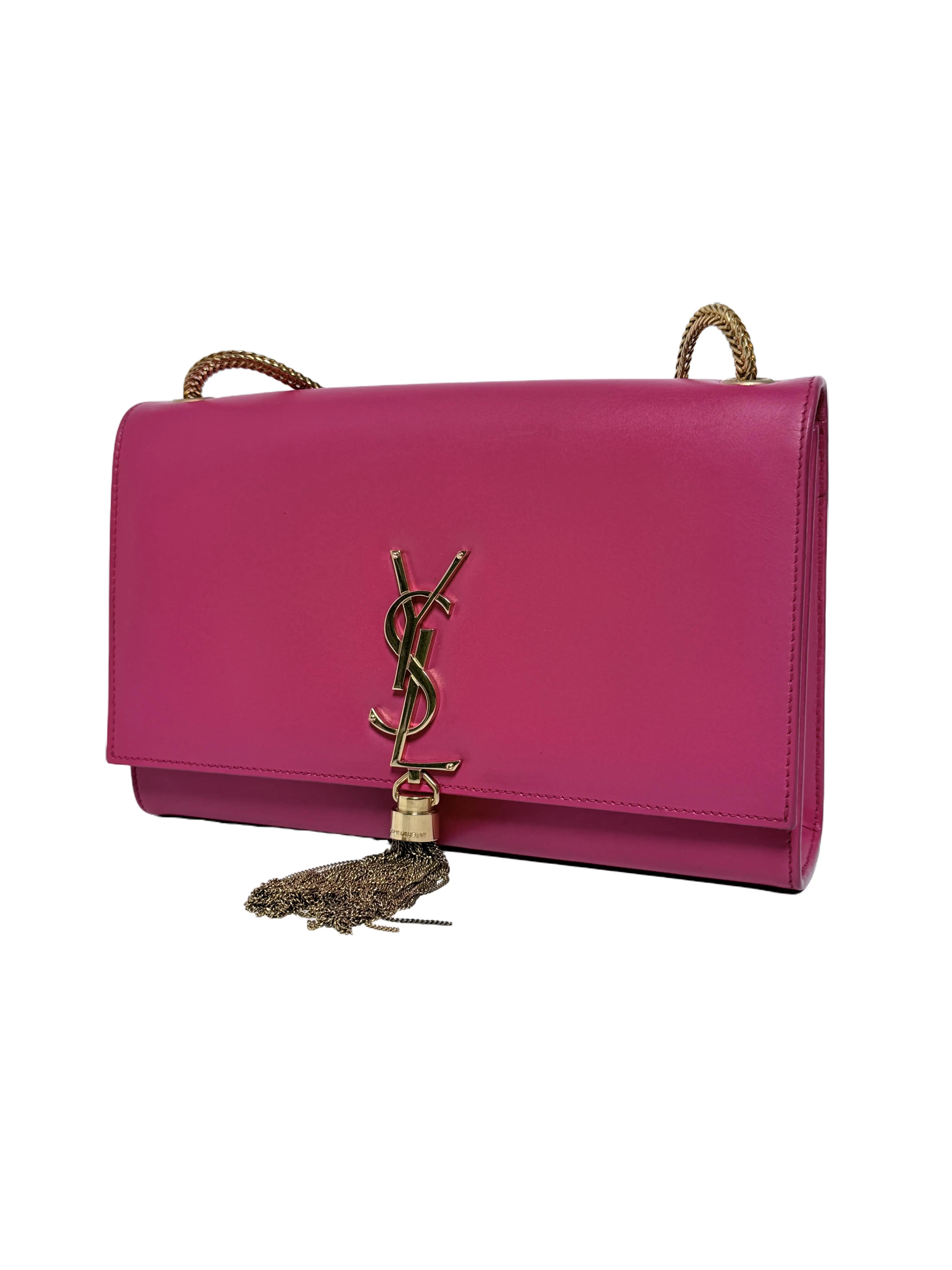 Pre-owned Yves Saint Laurent Leather Crossbody Bags Saint Laurent Monogram YSL Kate Tassel Chain Shoulder Bag Fluo Pink Smooth Gold Hardware JXYSL4