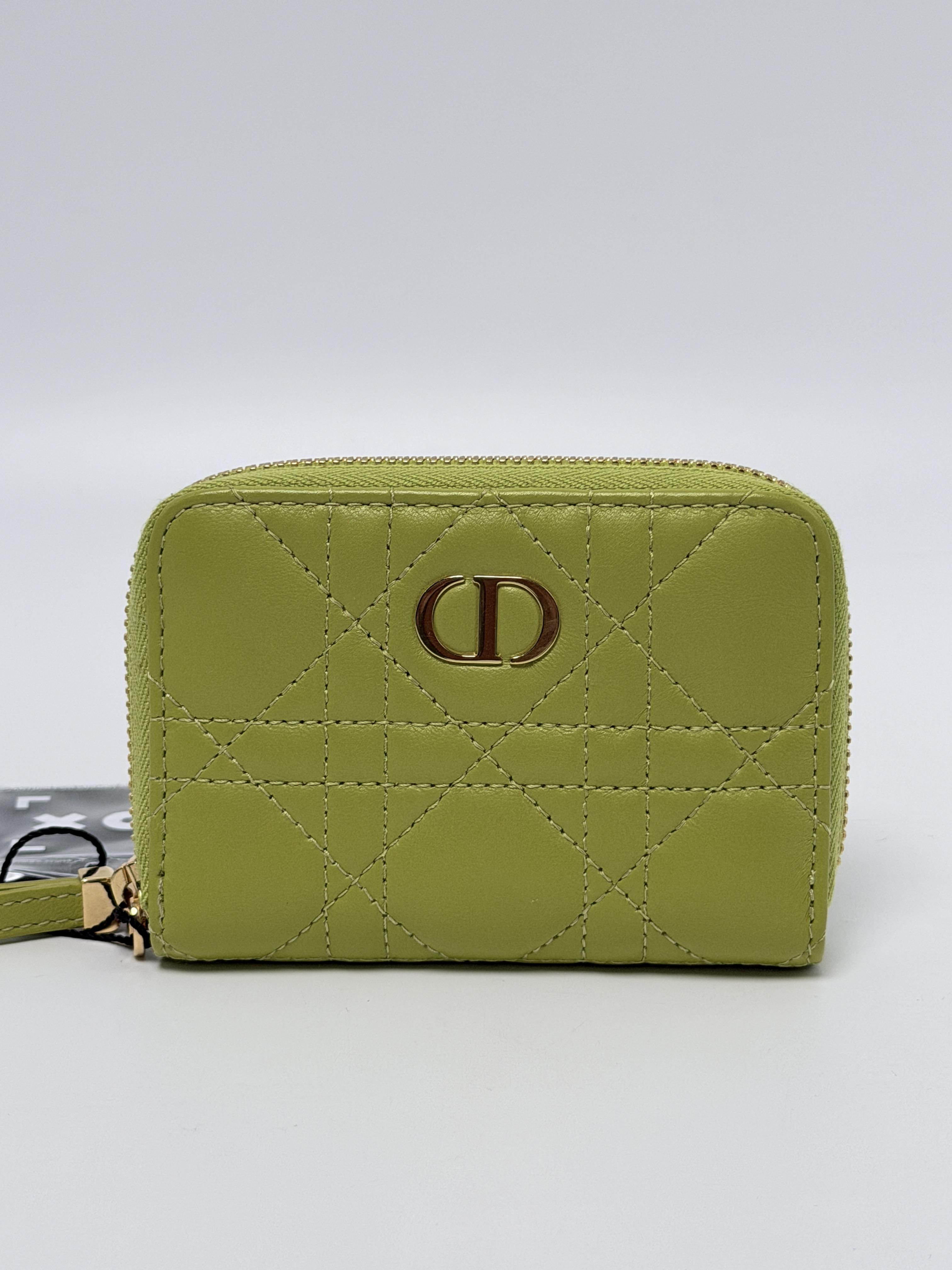 Christian Caro Zipped Coin Purse Lime Green Cannage Lambskin Wallet JD1225DR