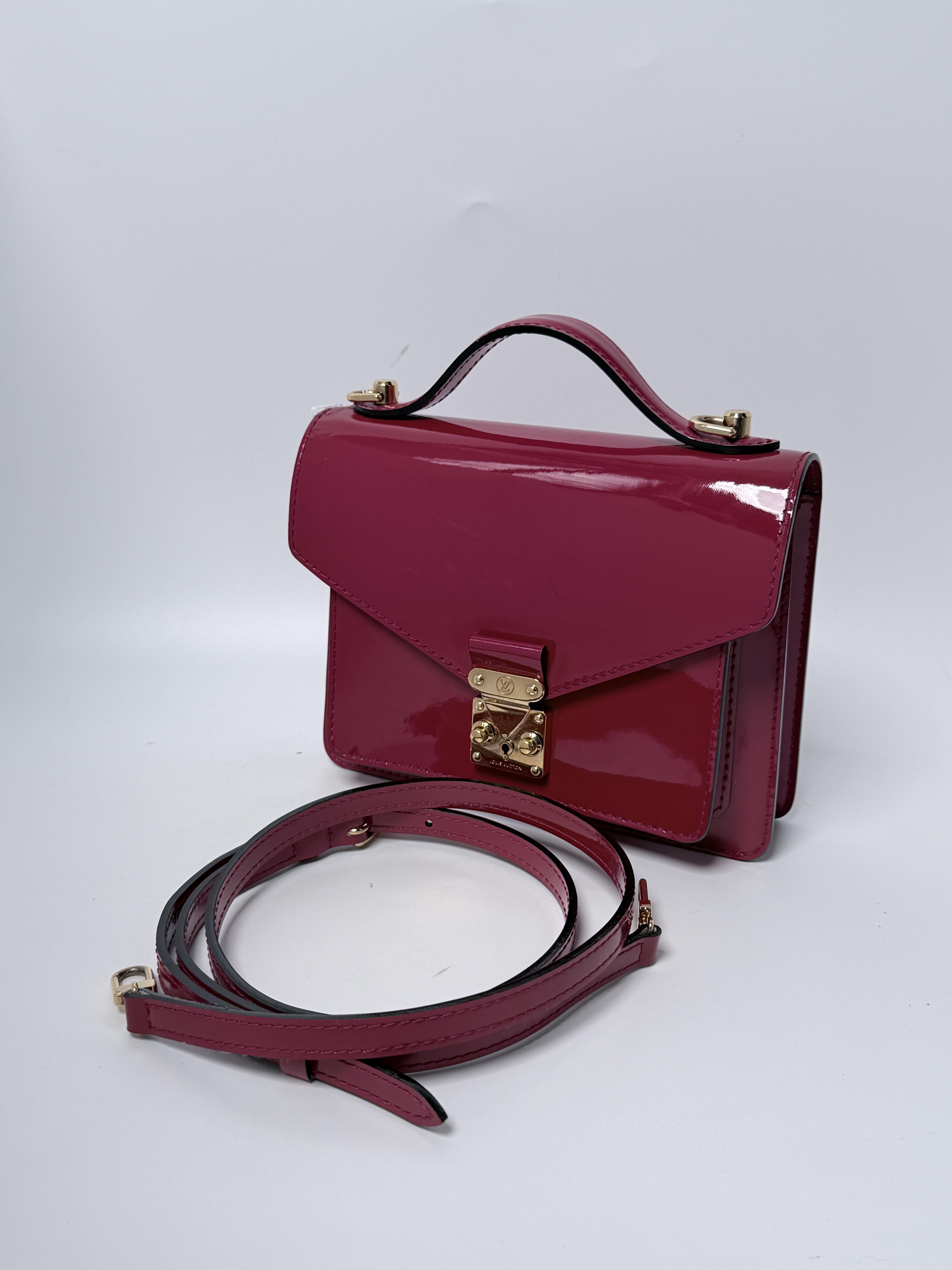 Pre-owned Louis Vuitton Leather Crossbody Bags Fuchsia Monogram Vernis Monceau BB Crossbody Bag Handle Handbag JE287LV