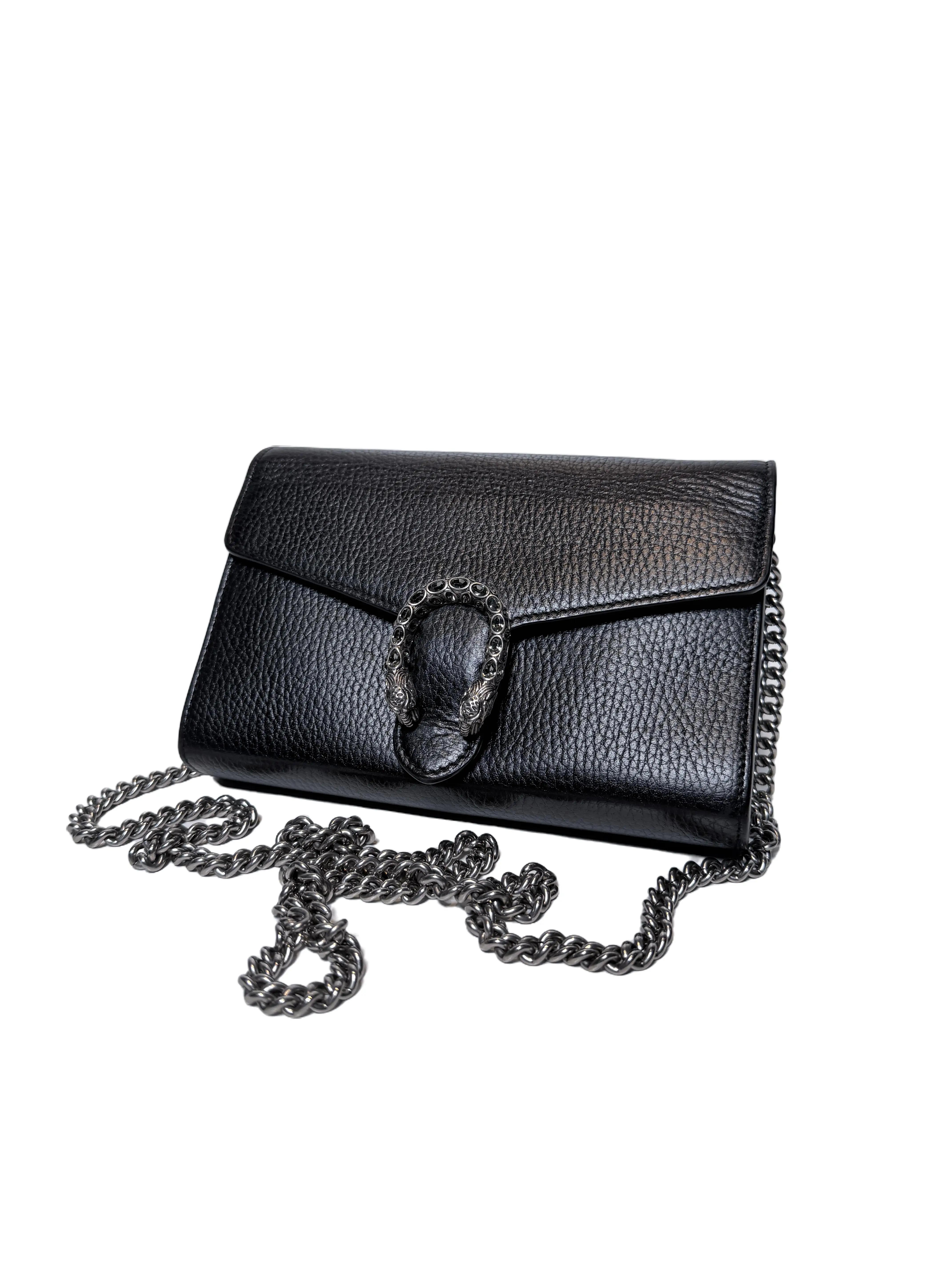 Pre-owned GUCCI Leather Crossbody Bags Authentic Dionysus Wallet On Chain Black Grained Crossbody Handbag DEGG2