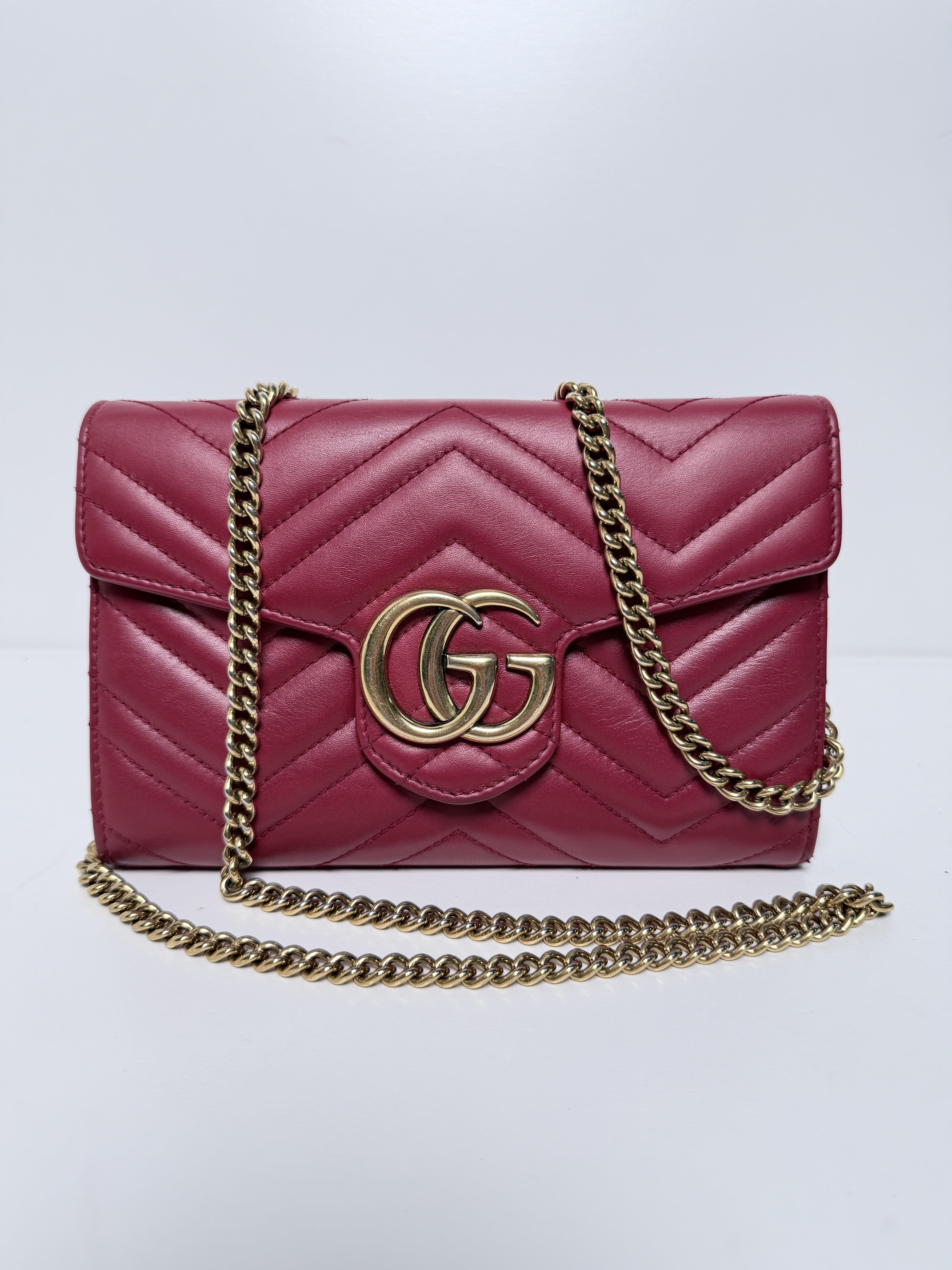 Pre-owned GUCCI Leather Crossbody Bags GG Marmont Matelasse Wallet On Chain WOC Pink Crossbody Bag Cltuch JXGG1