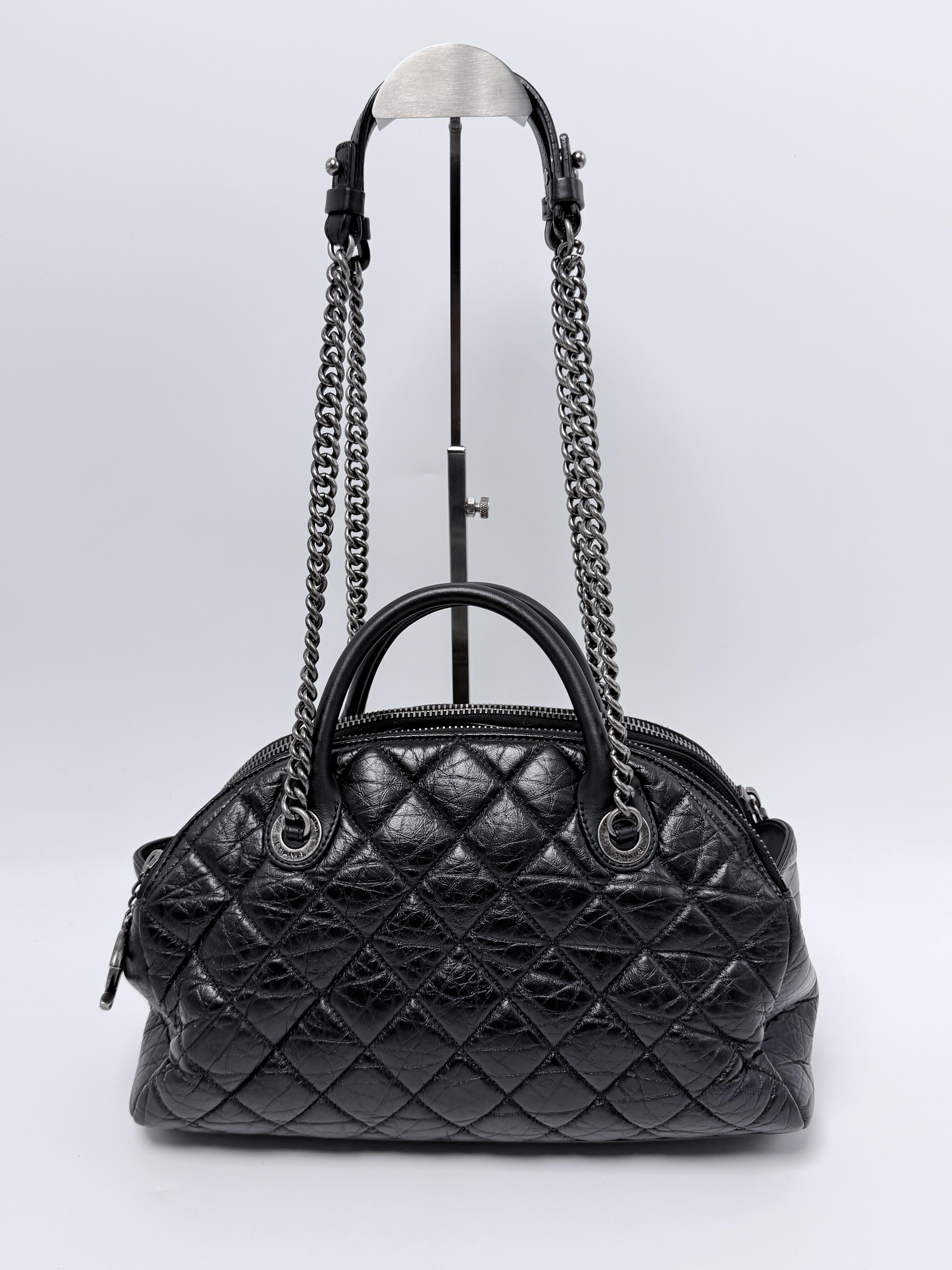 Aged Calfskin Quilted Bowly Bowling Bag Black Ruthenium P048CC