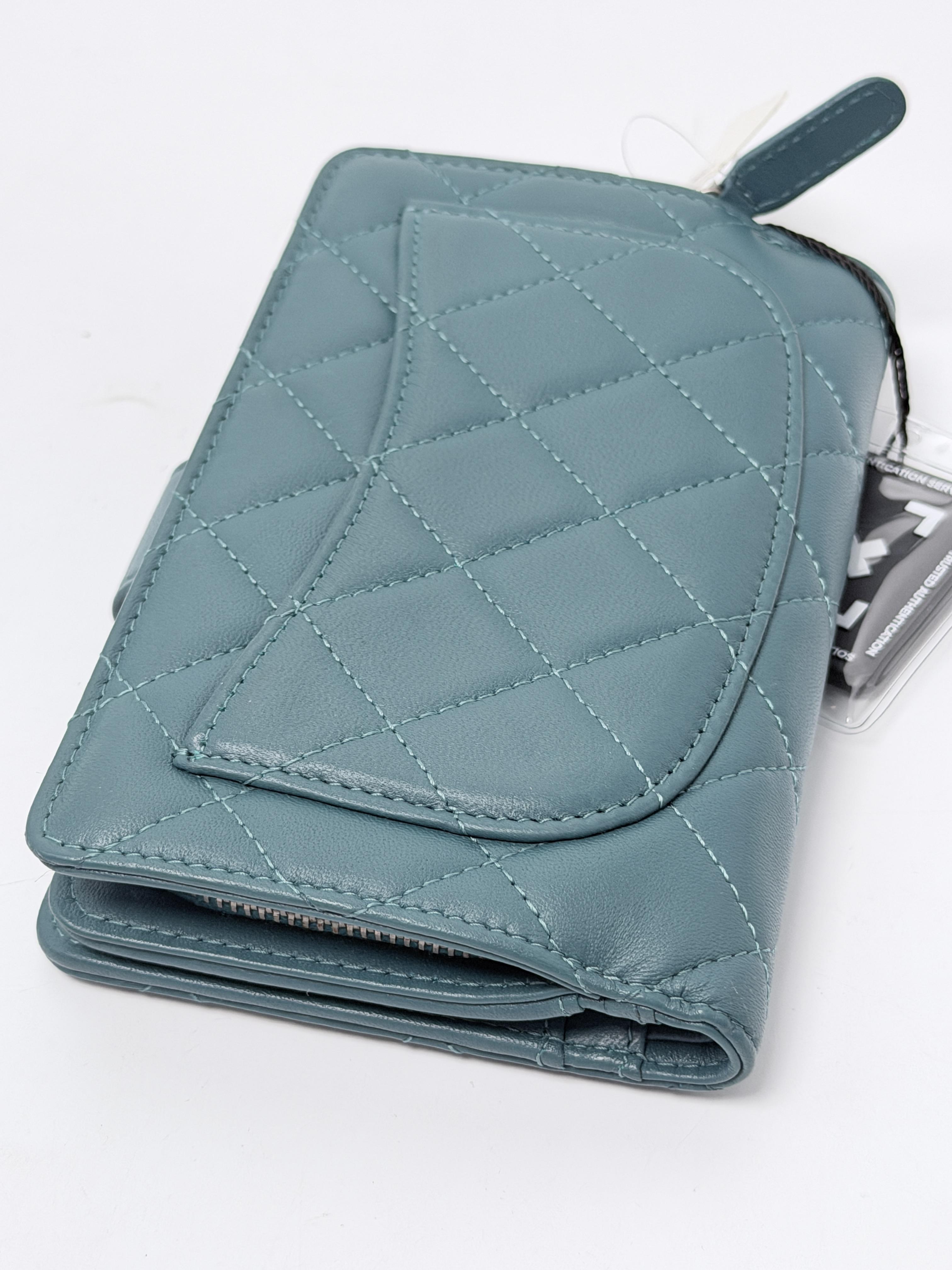 Classic Flap French Long Wallet Lambskin Teal Blue Silver JA1358CC