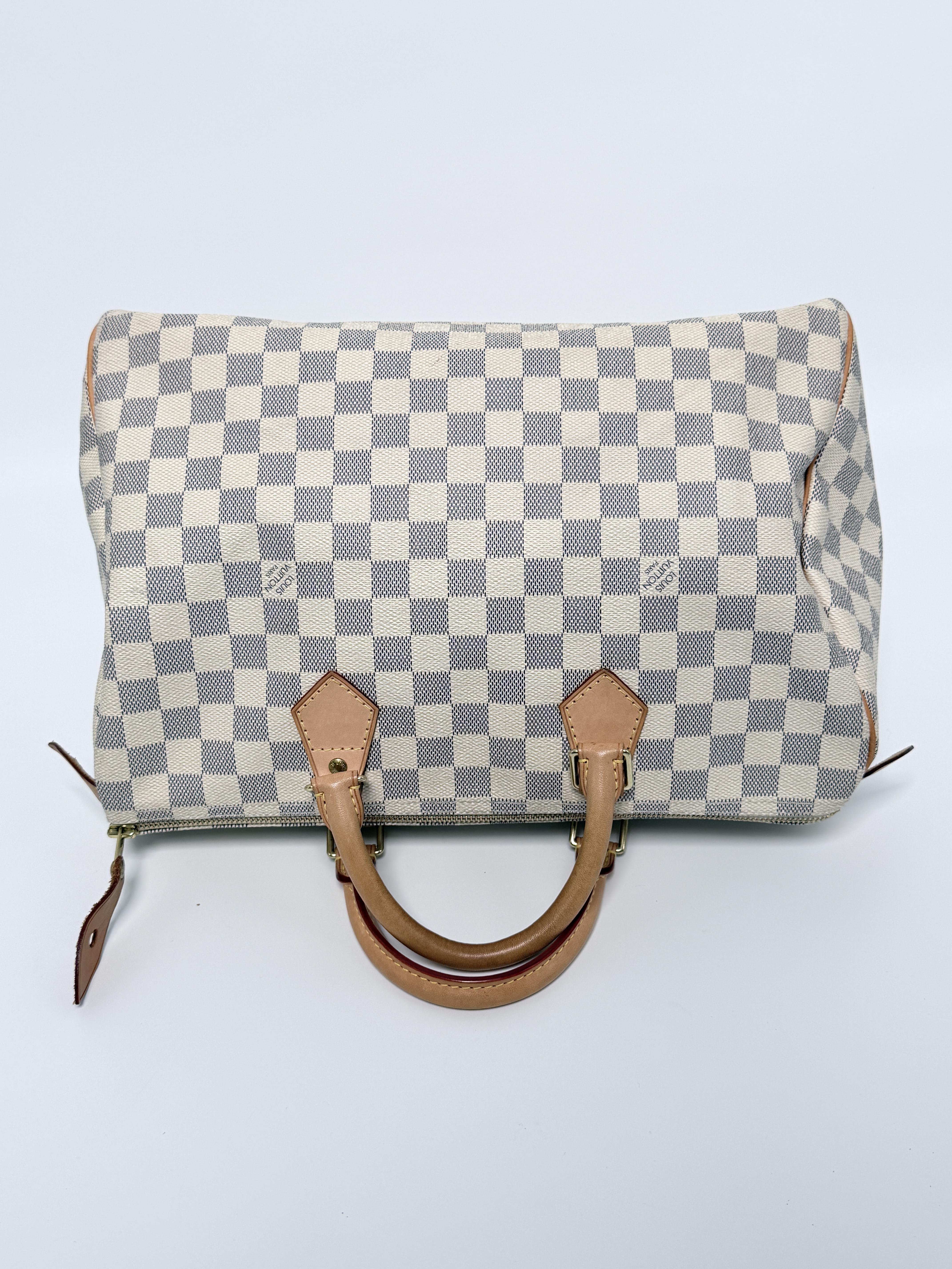 Authentic Damier Azur Canvas Speedy 35 Top Handle Handbag Shoulder Bag YMLV187