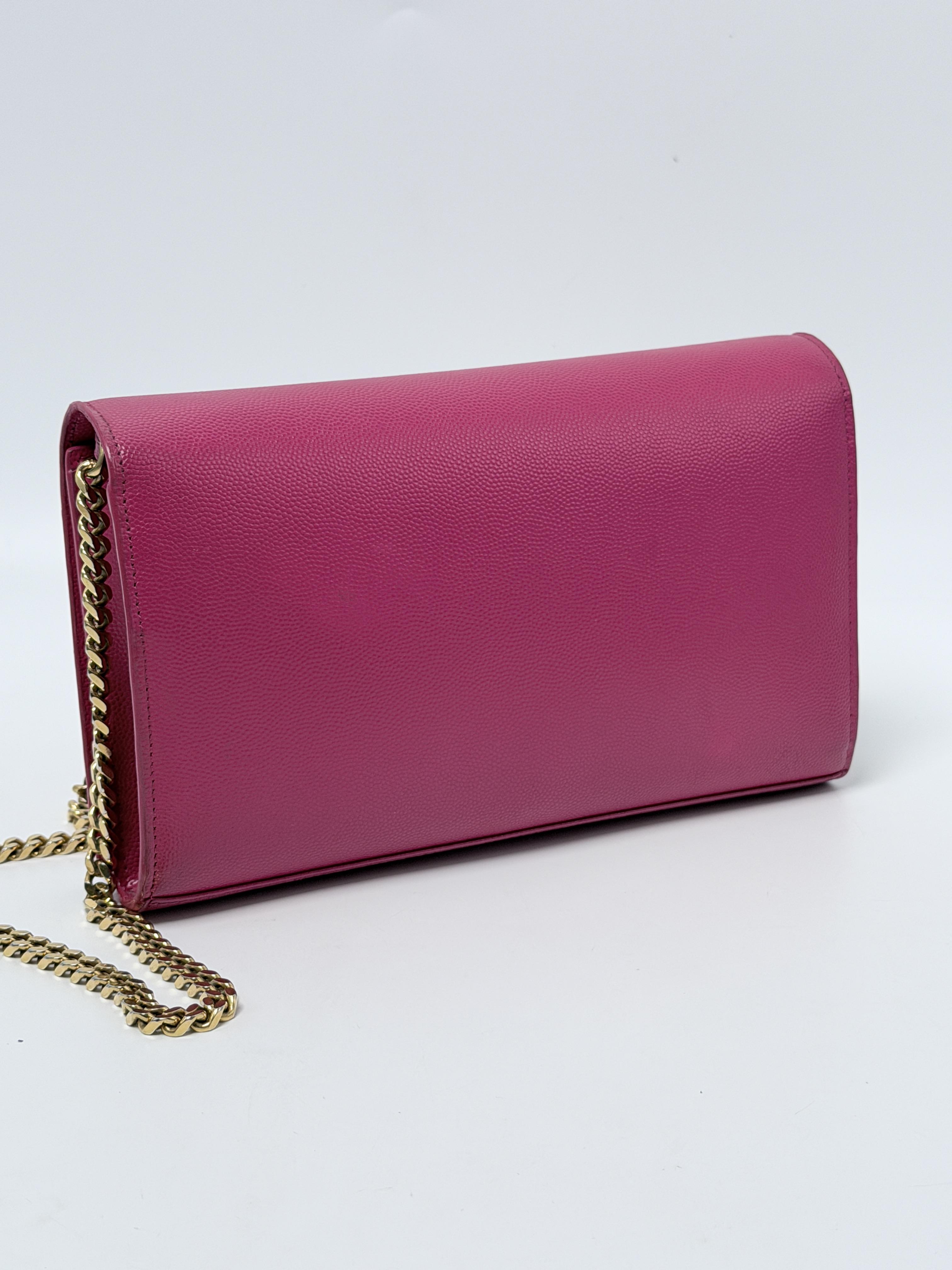 Saint Laurent YSL Medium Kate Grain De Poudre Chain Shoulder Bag Fuchsia JD1212Y